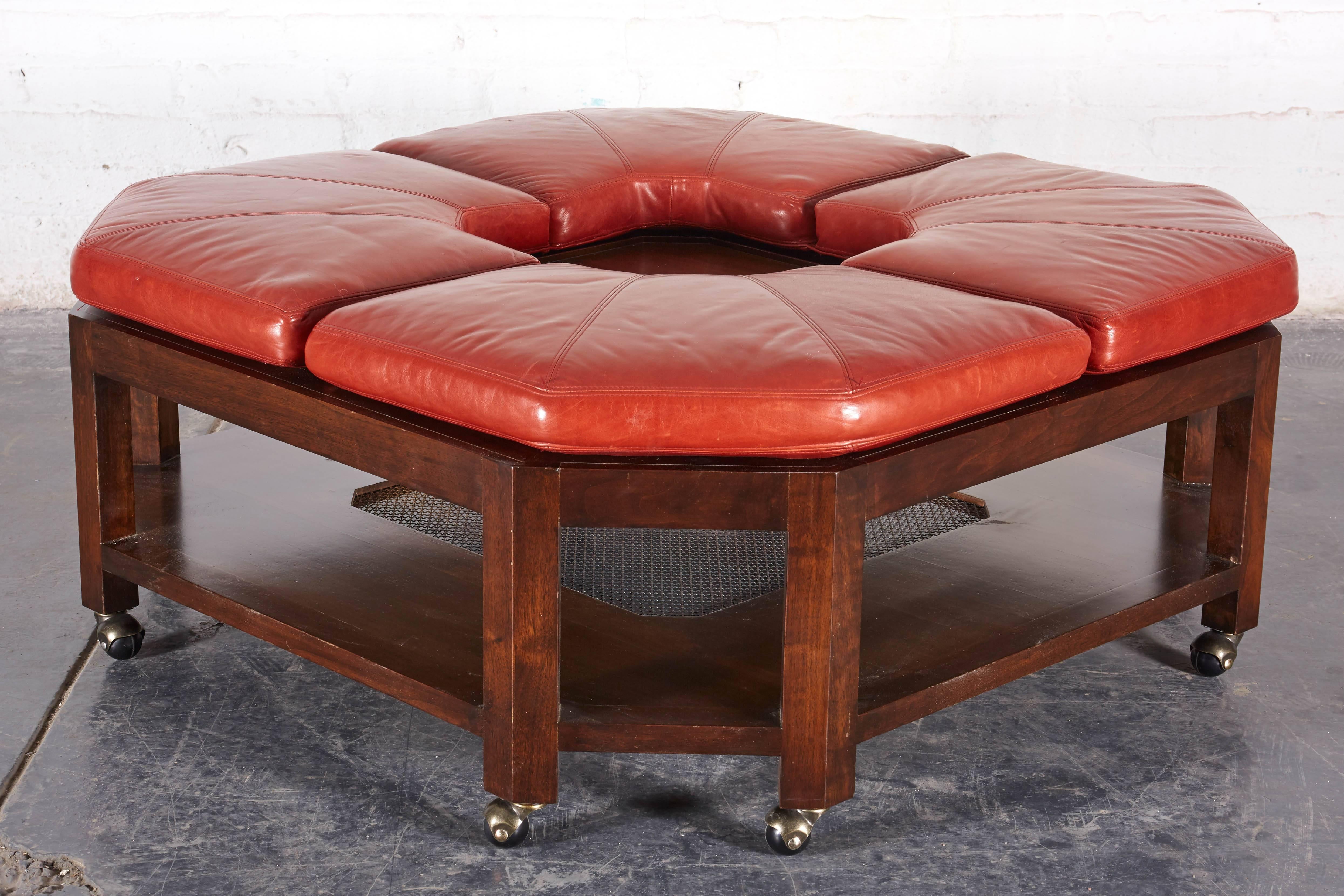 Georgian David Easton Brick Red Leather and Walnut Square Ottoman Coffee Table