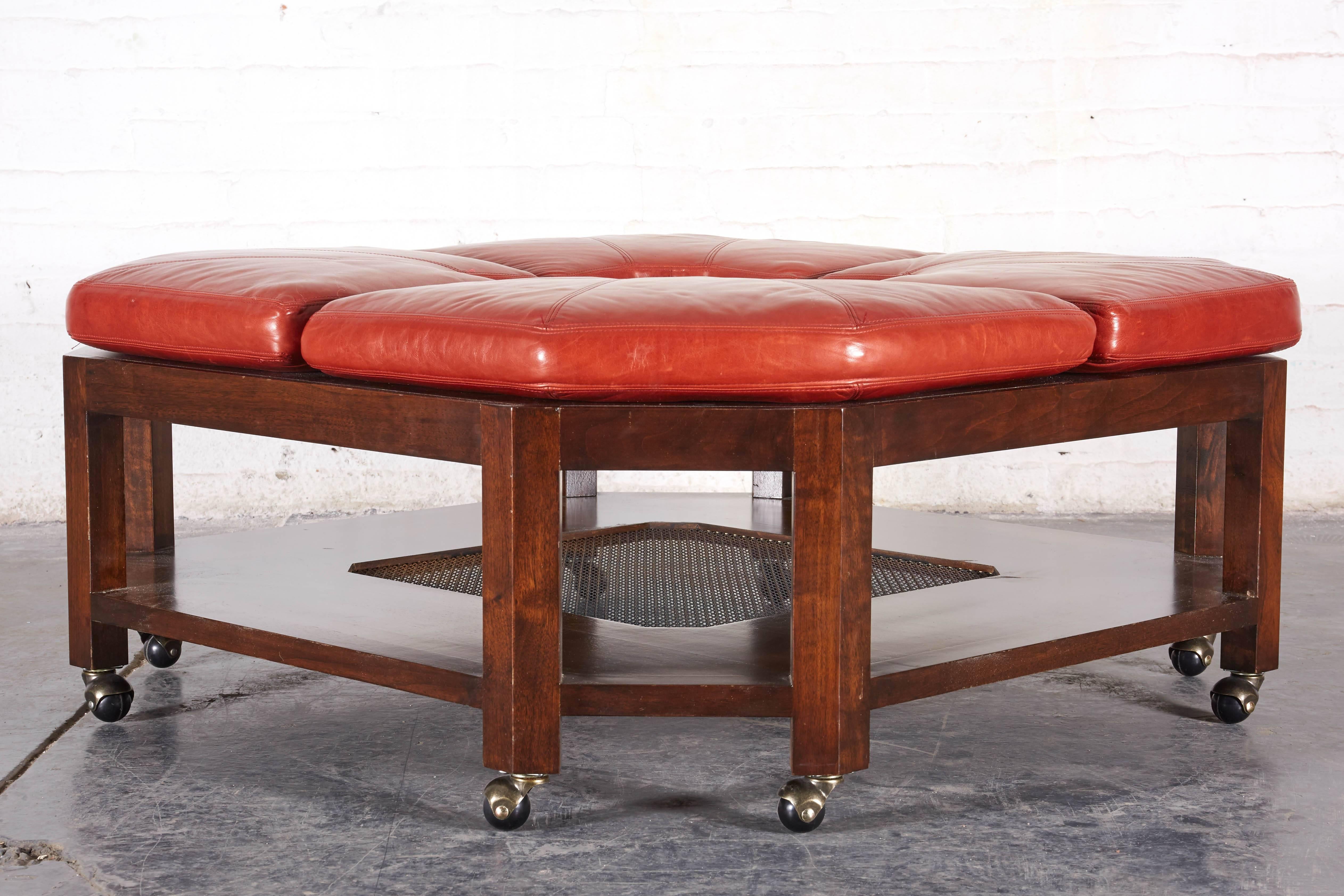 American David Easton Brick Red Leather and Walnut Square Ottoman Coffee Table