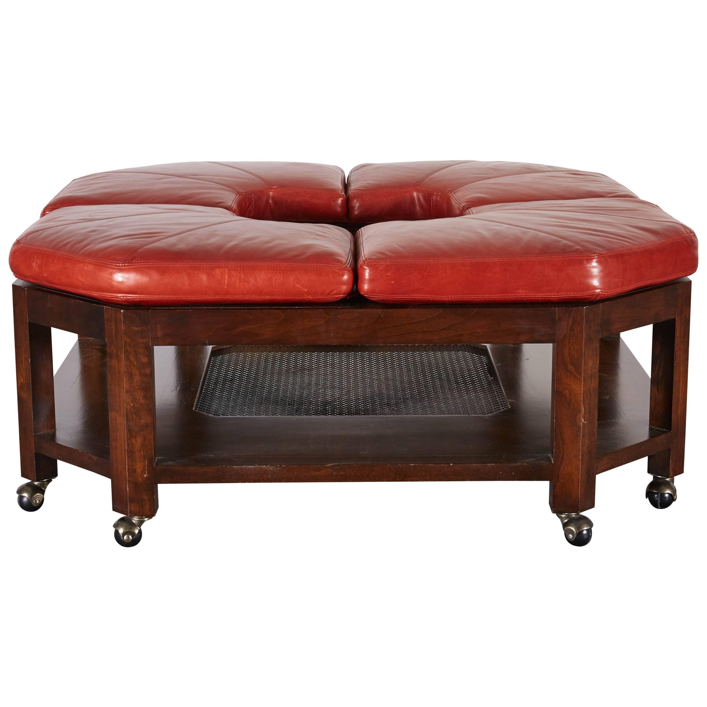 David Easton Brick Red Leather and Walnut Square Ottoman Coffee Table