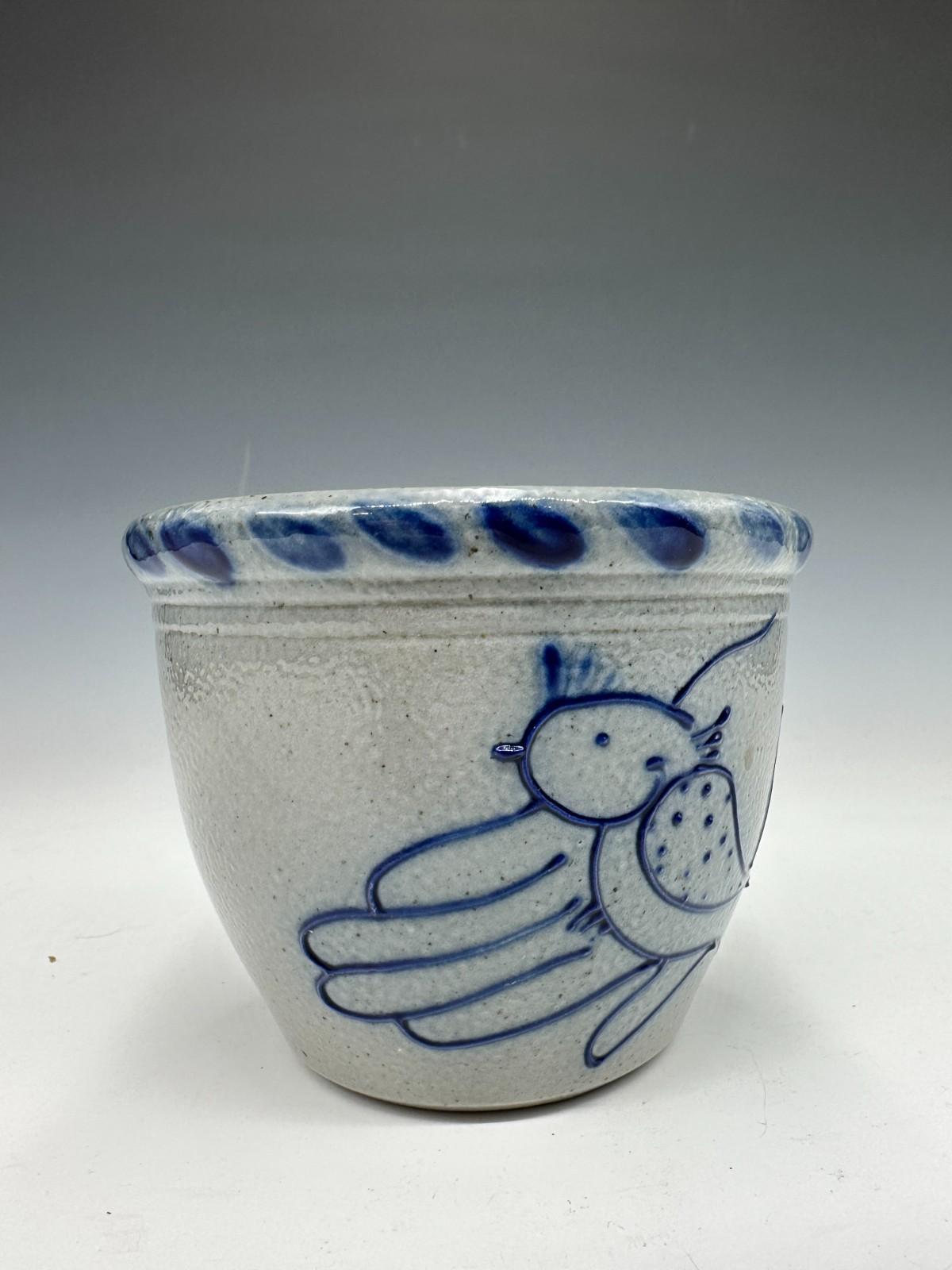 American David Eldreth Stoneware Crock Vessel Cobalt Blue Bird, Folk Art Pottery For Sale