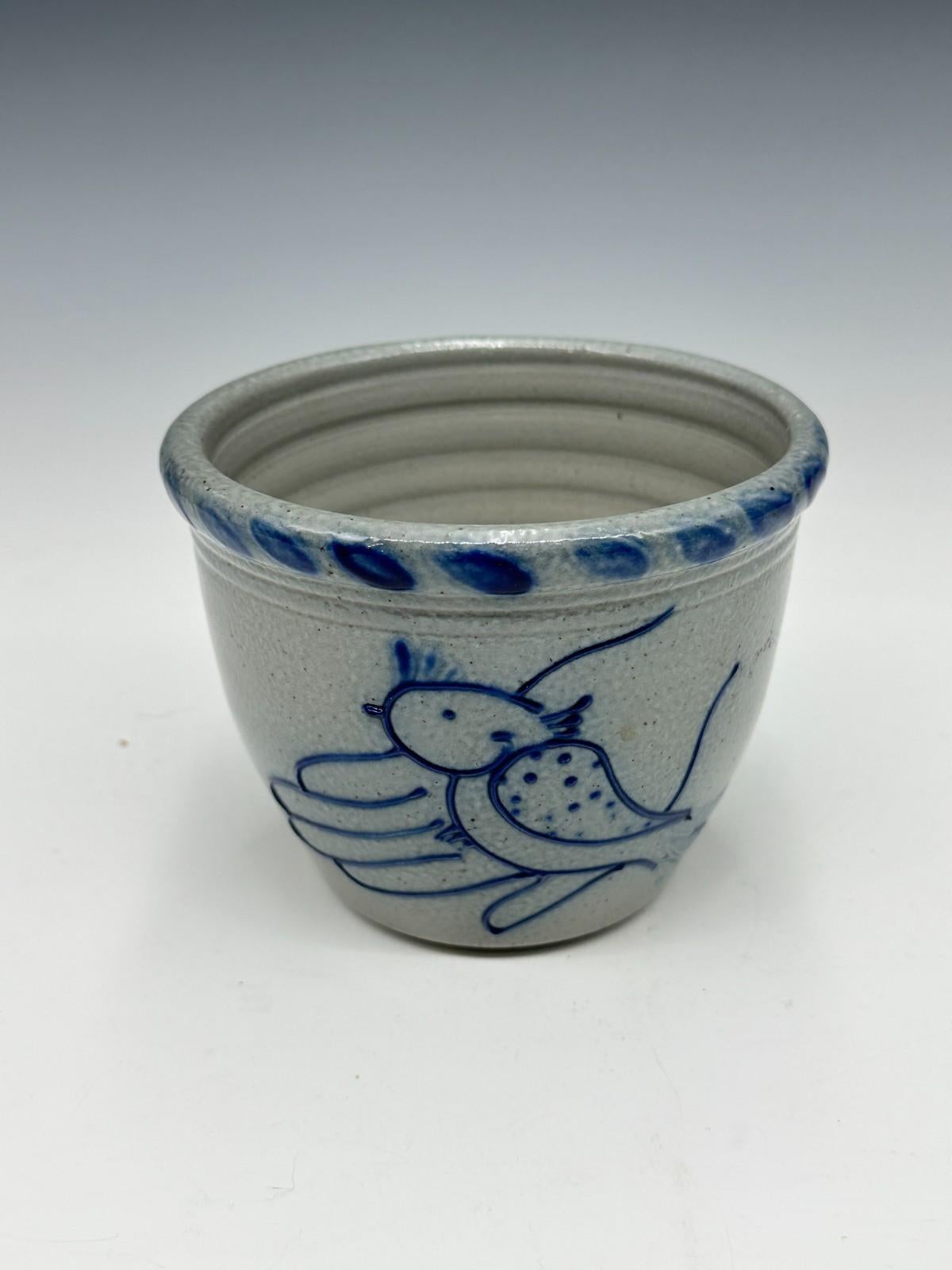 Late 20th Century David Eldreth Stoneware Crock Vessel Cobalt Blue Bird, Folk Art Pottery For Sale