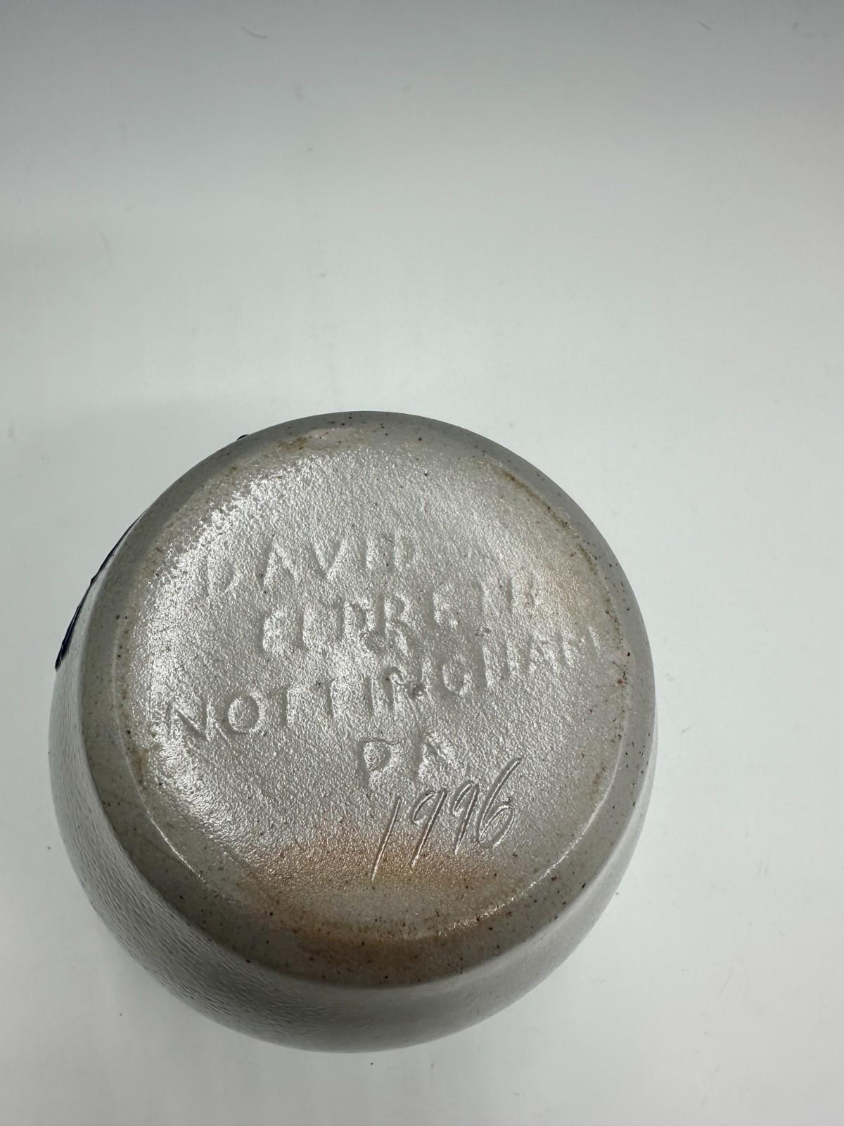 David Eldreth Stoneware Crock Vessel Cobalt Blue Bird, Folk Art Pottery For Sale 1