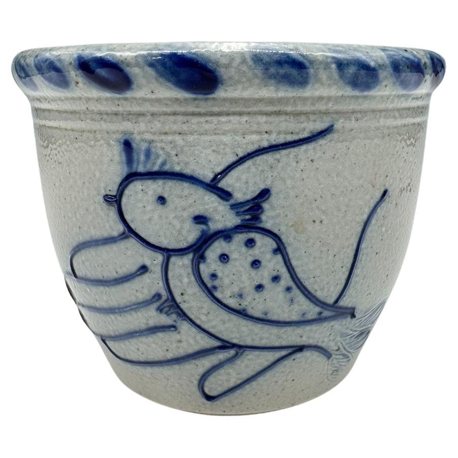 David Eldreth Stoneware Crock Vessel Cobalt Blue Bird, Folk Art Pottery For Sale