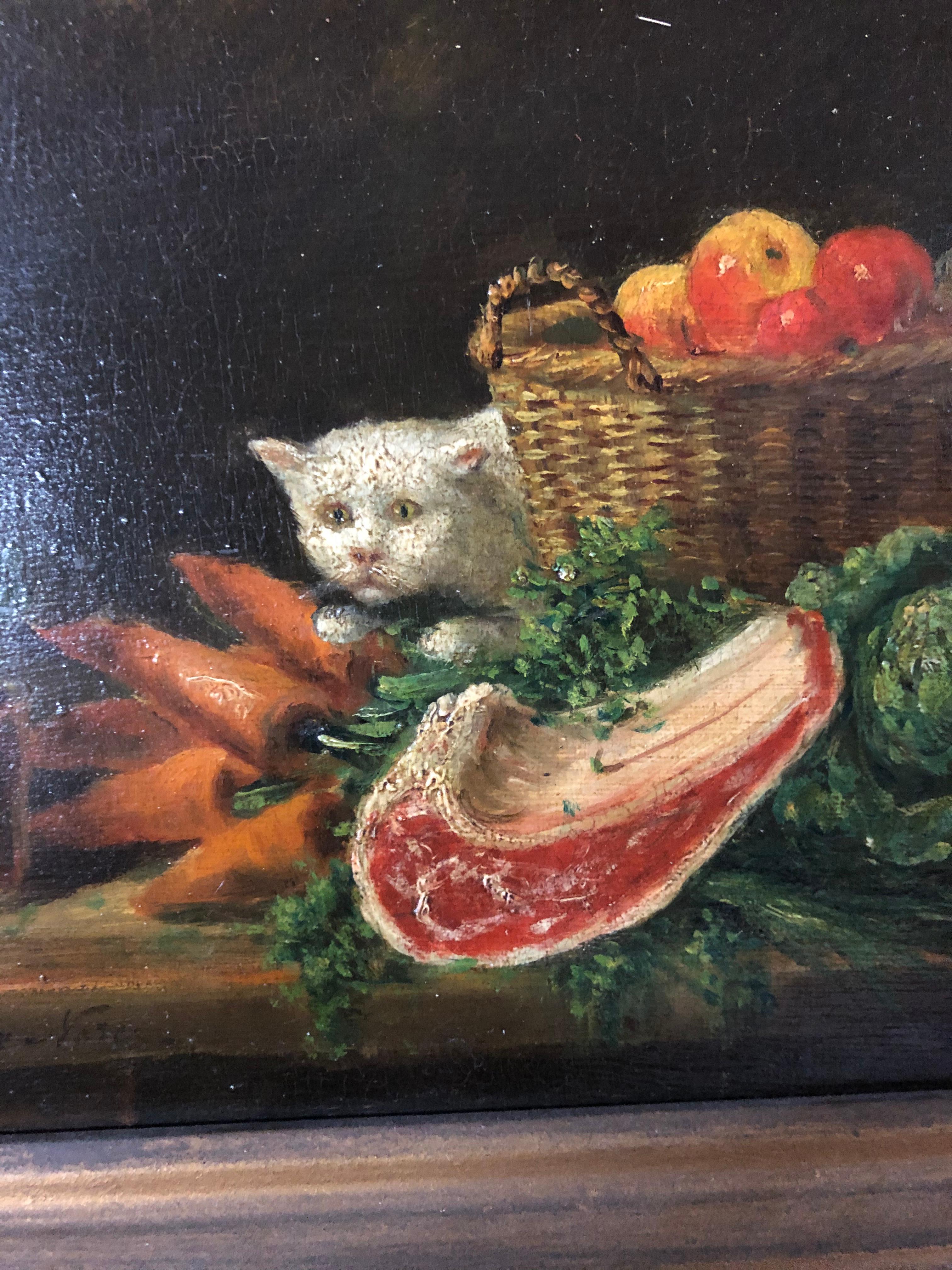 David De Noter Nature morte avec chat curieux - Noir Still-Life Painting par David Emile Joseph de Noter