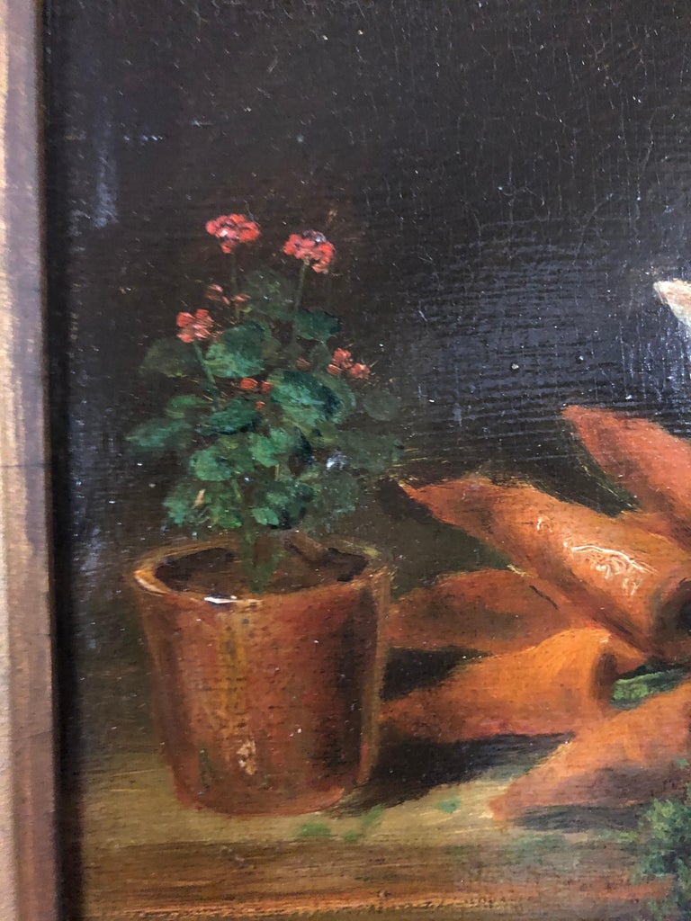 David De Noter: 1818-1892. Well listed Belgian painter with auction results as high as $142,000. Most famous for his still lifes. This fantastic little gem  of a curious cat skipping past  the vegetables and looking for the beef. It is an oil on