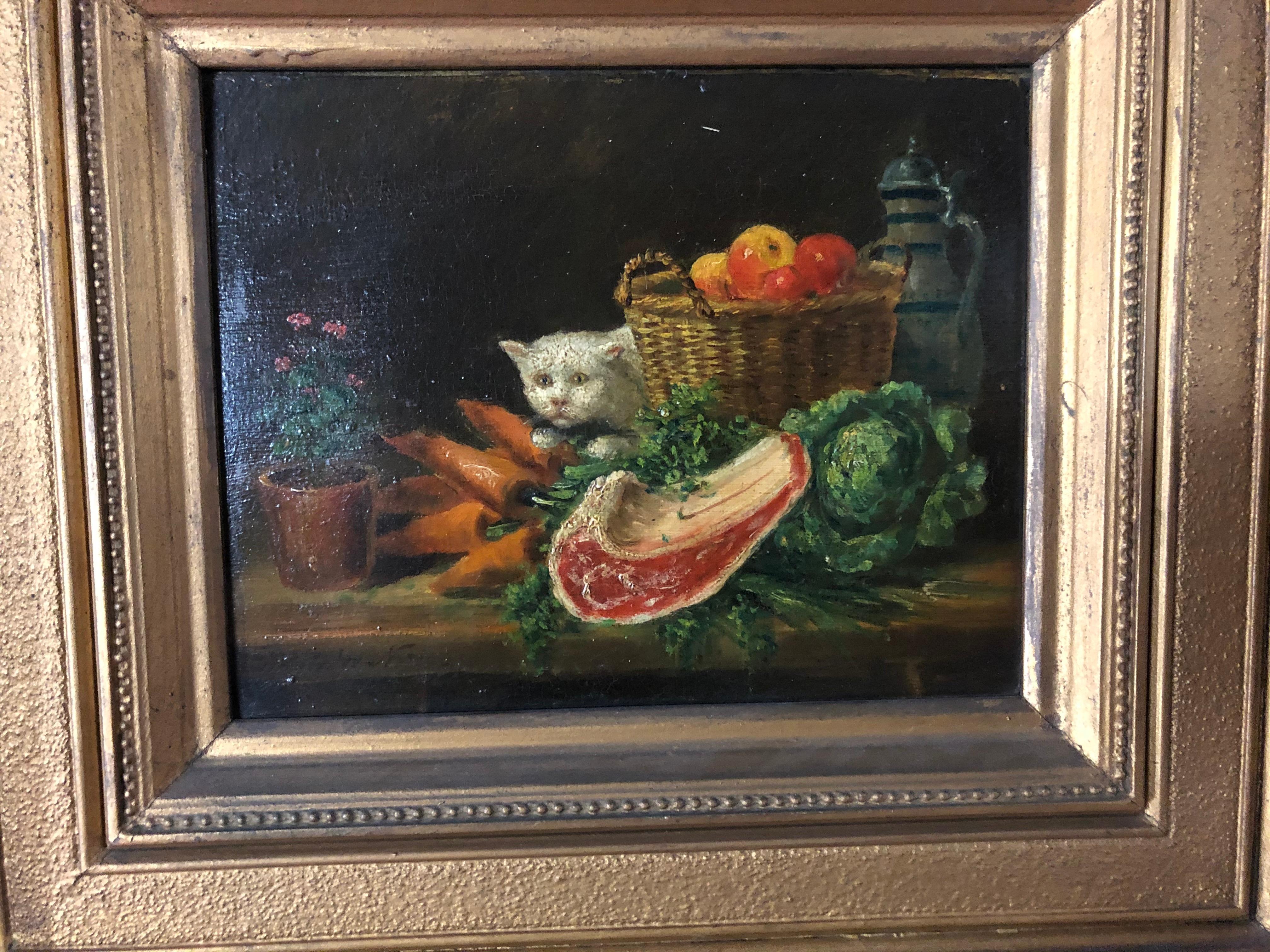 Still-Life Painting David Emile Joseph de Noter - David De Noter Nature morte avec chat curieux