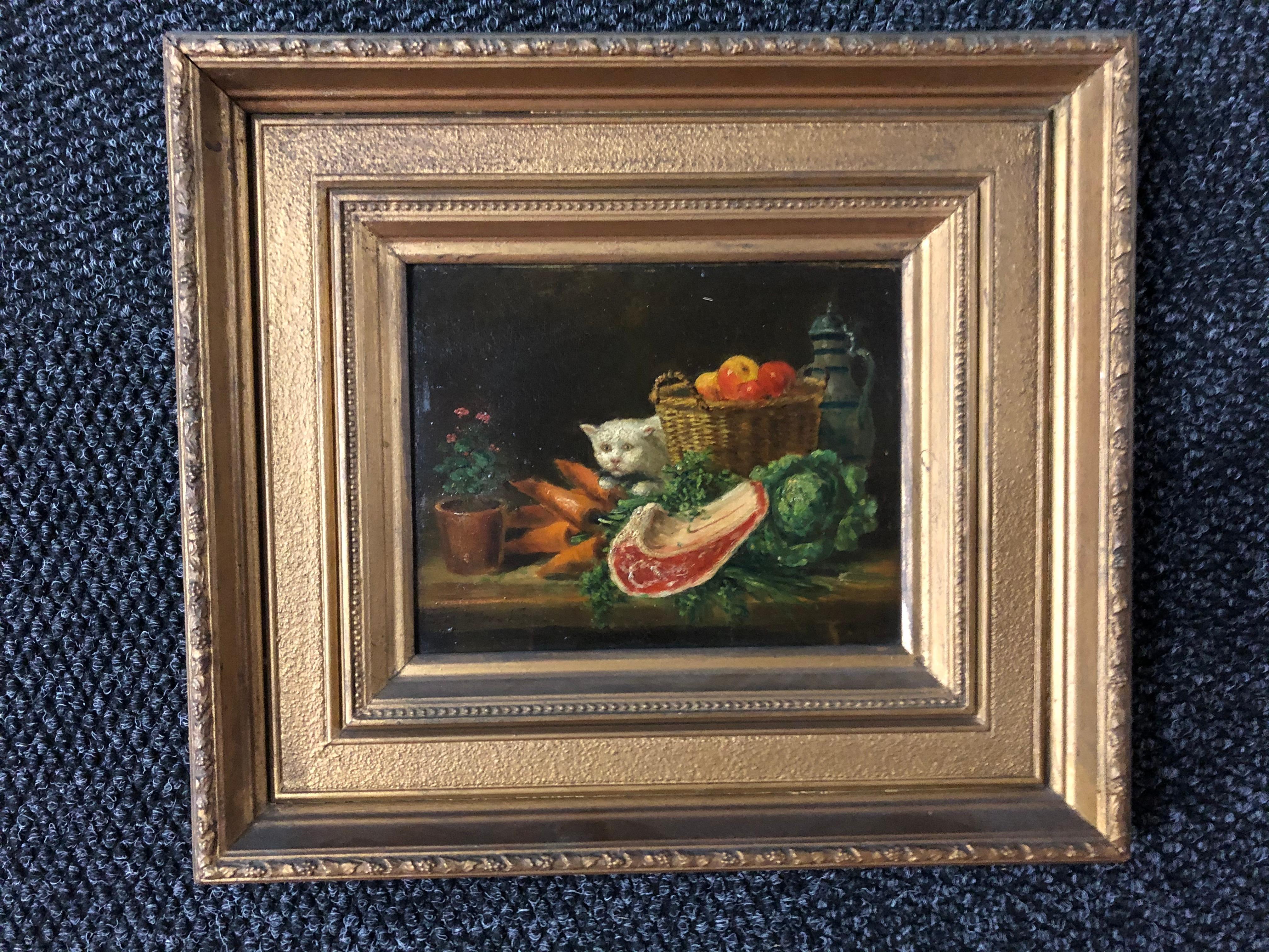 David De Noter Stillleben mit neugieriger Katze – Painting von David Emile Joseph de Noter