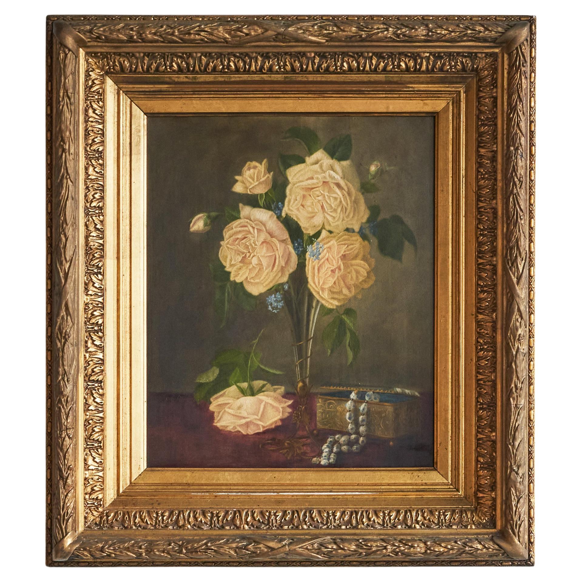 David Emile Joseph de Noter 'Still Life with Roses' Oil on Panel 19th Century