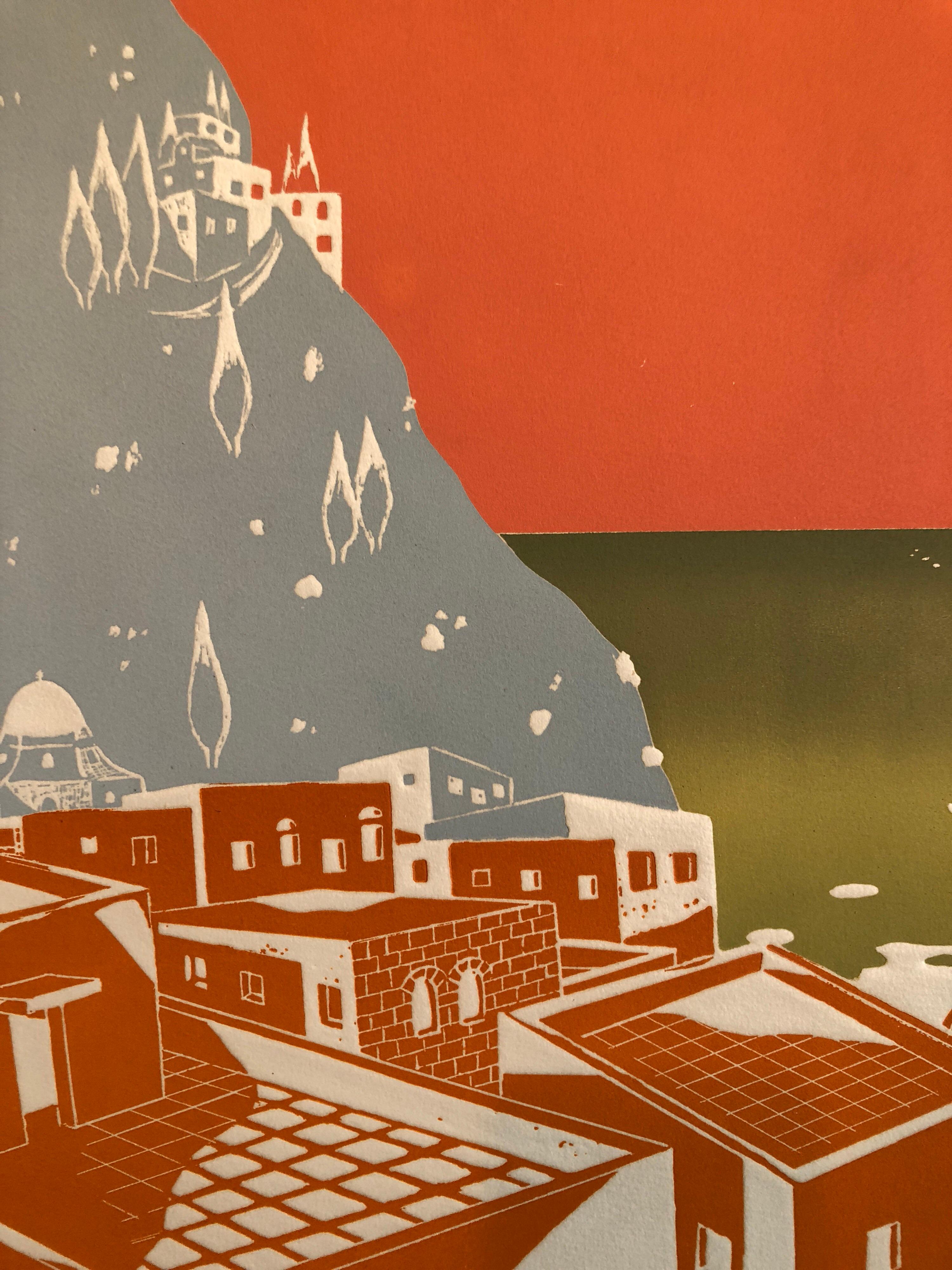 Tejados de Jerusalén, Grabado en relieve, Escuela de Bezalel, Héroe de la Guerra de Yom Kippur - Landscape Print Marrón de David Erez