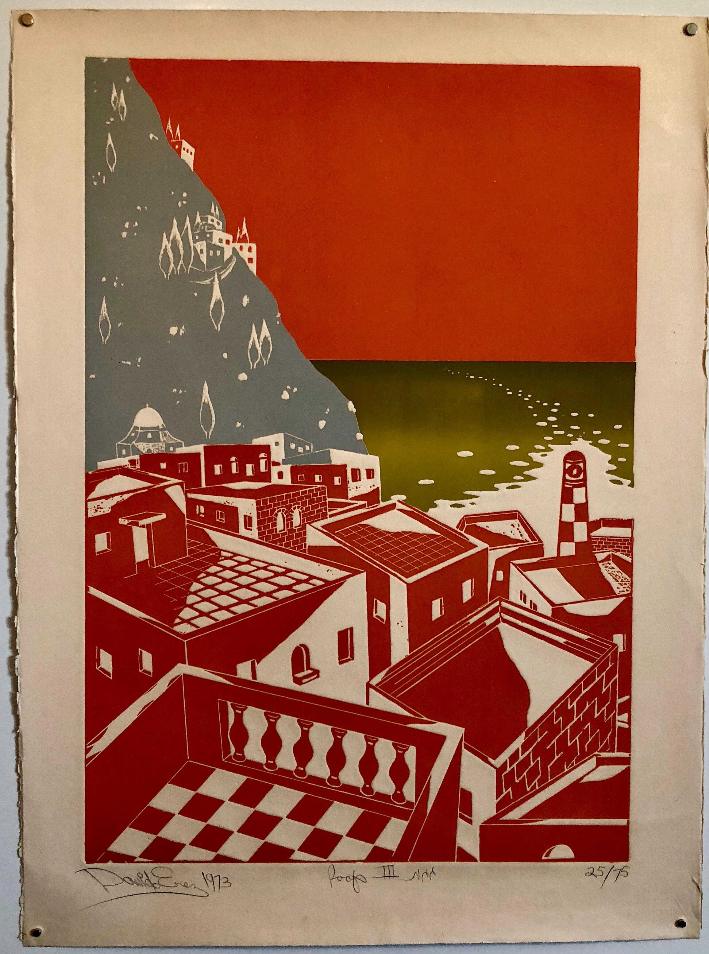 Jerusalem Roofs, Embossed Etching, Bezalel School, Yom Kippur War Hero - Modern Print by David Erez