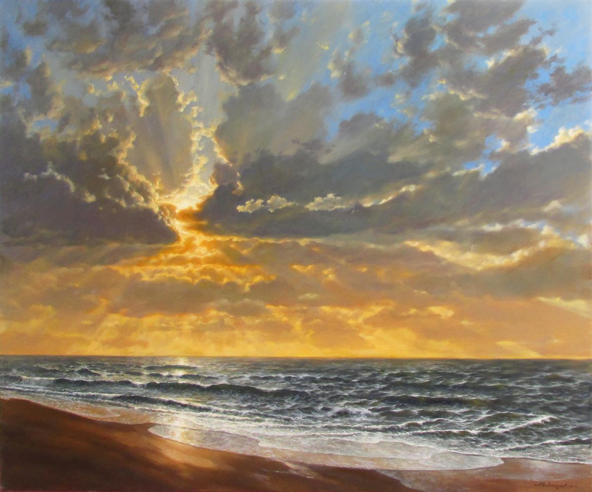 Morning Tide, original 39X47 realistic marine landscape - Painting by David F. Henderson
