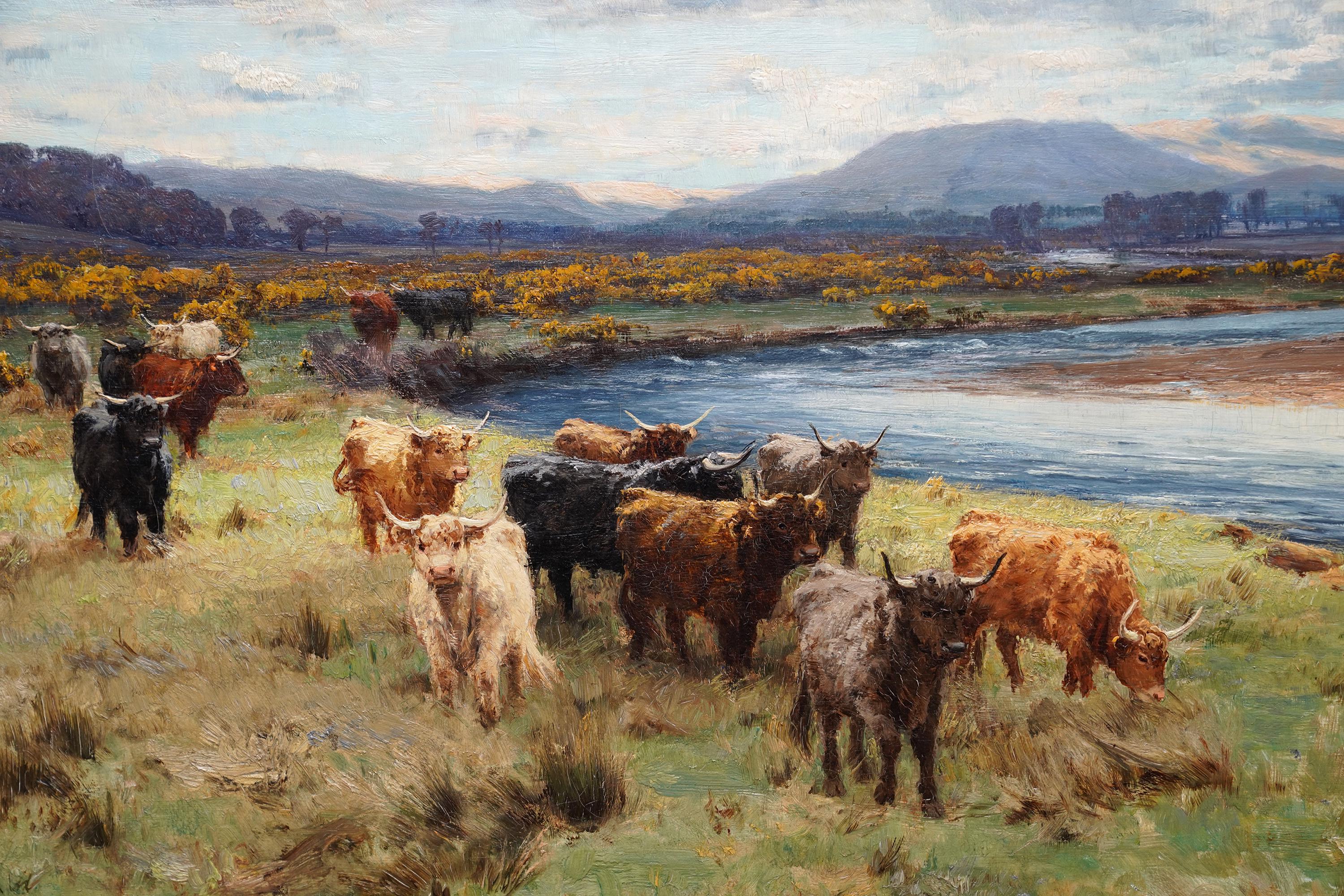 Mayday on the Annan – schottisches viktorianisches Kunstlandschaftsgemälde, Ölgemälde, Schottland (Grau), Animal Painting, von David Farquharson 