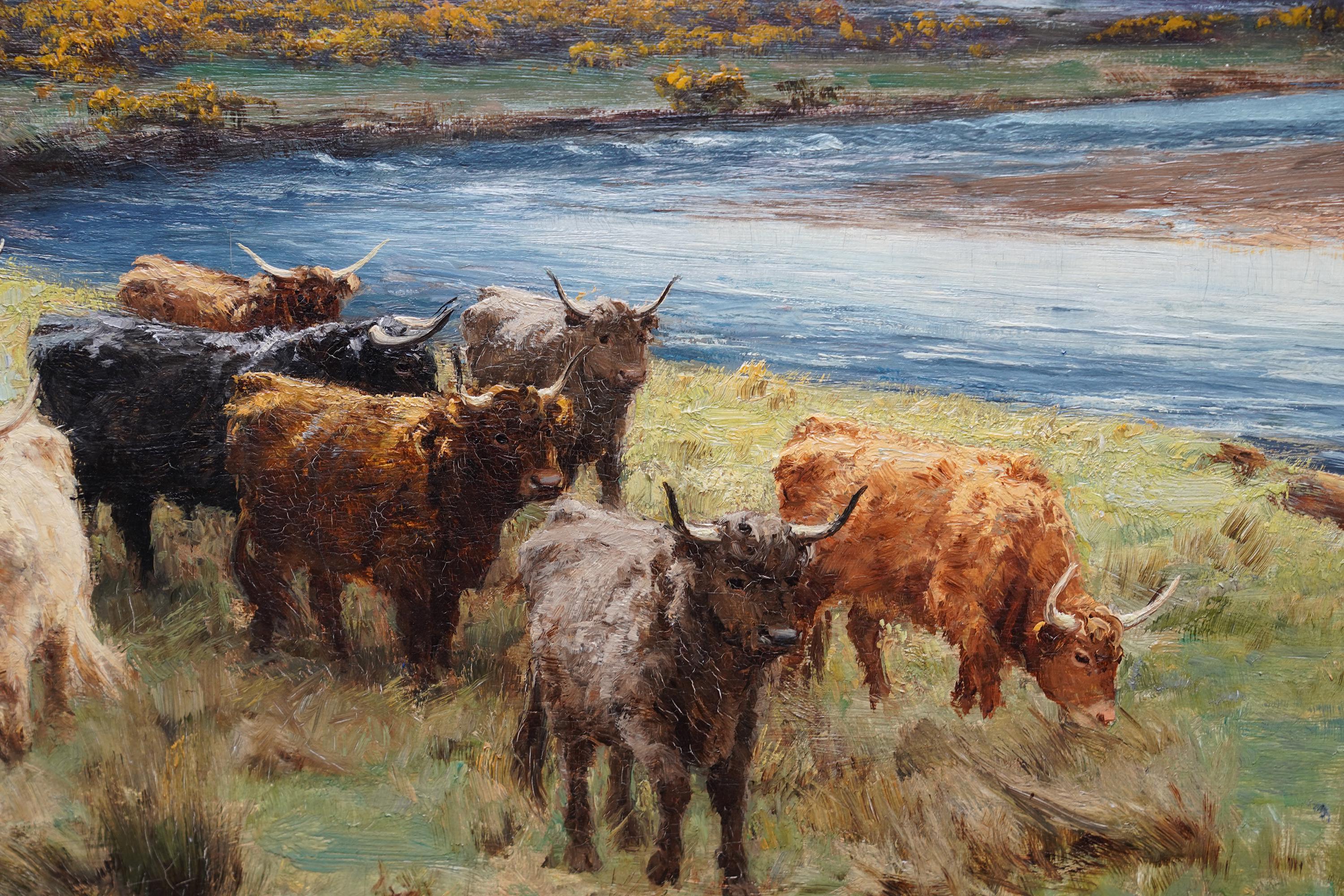 Diese hervorragende schottische Impressionist viktorianischen expansive Landschaft Ölgemälde ist von bekannten schottischen Künstler David Farquharson. Es wurde 1887 gemalt und trägt auf der Rückseite den Titel Mayday on the Annan. Der Fluss Annan