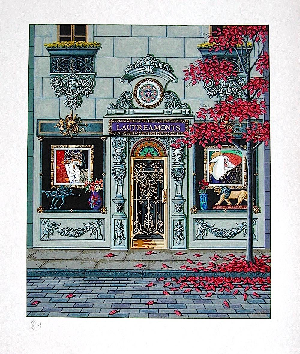 LAUTREAMONTS Signierte Serigraphie, Luxuriöses Schaufenster, Filigrane Tür, Klimt-Akte