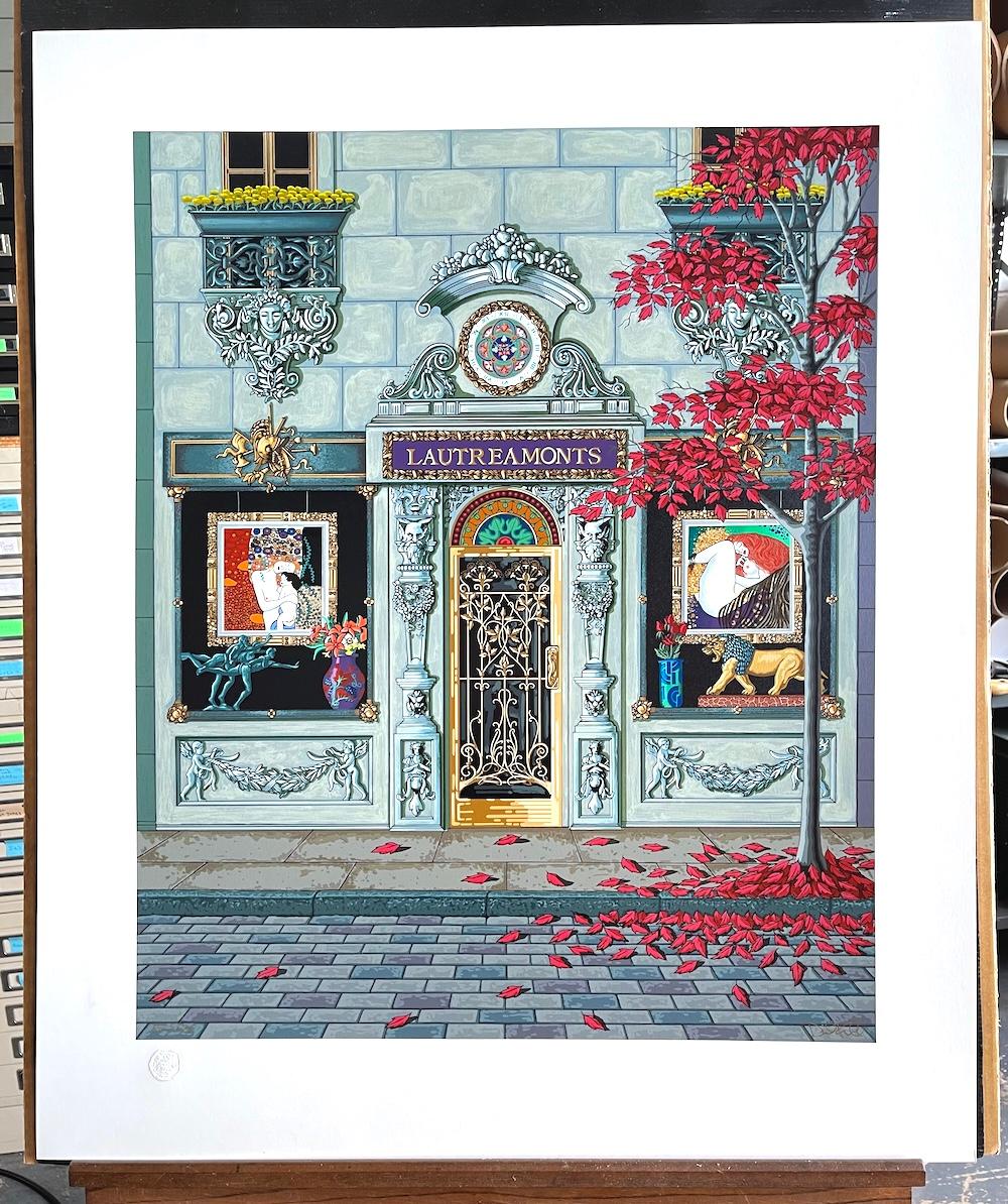 LAUTREAMONTS Signed Serigraph, Luxury Storefront, Filigree Door, Klimt Nudes For Sale 1