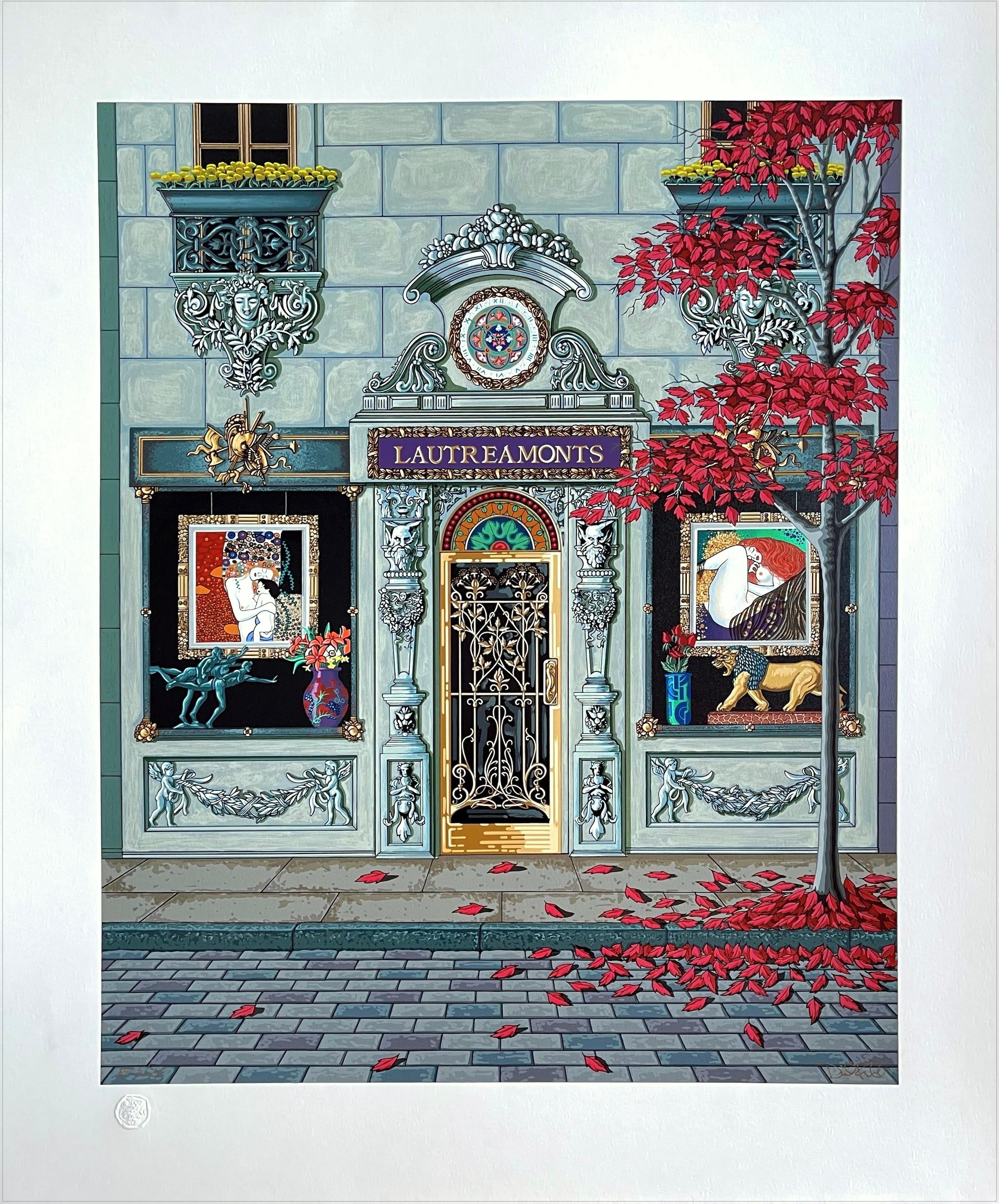 David Farrell Landscape Print - LAUTREAMONTS Signed Serigraph, Luxury Storefront, Filigree Door, Klimt Nudes