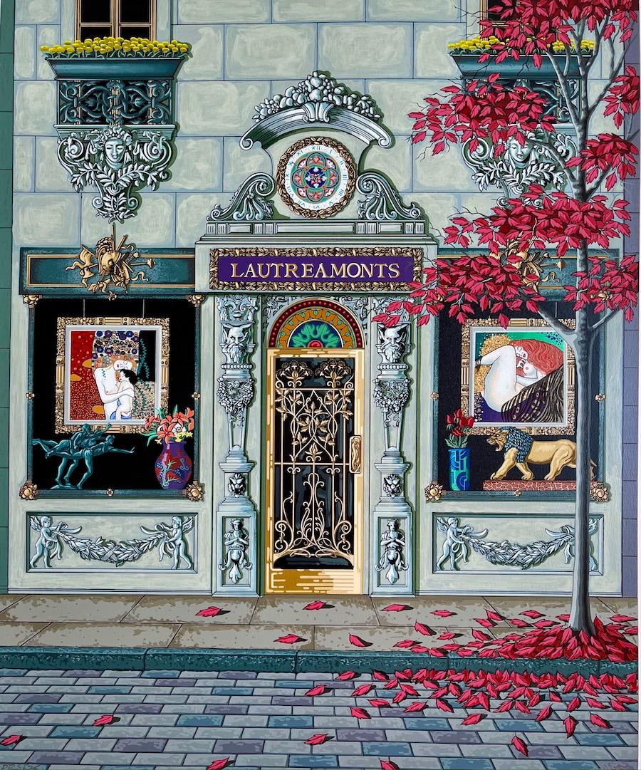 LAUTREAMONTS Signed Serigraph, Luxury Storefront, Architecture, Klimt Nudes - Print by David Farrell