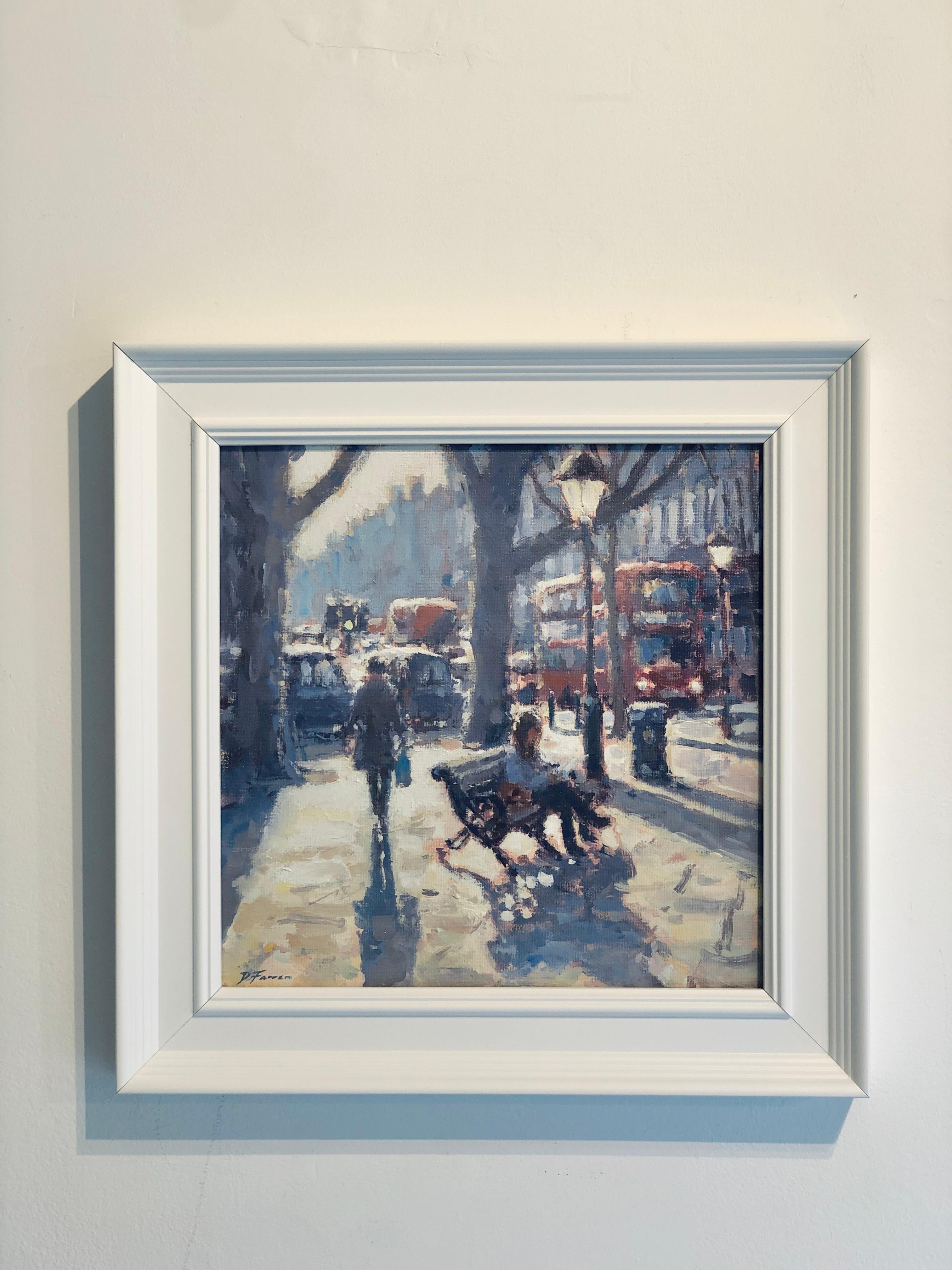 A Lunchtime Read, Sloane Square - cityscape artwork modern urban impressionism  - Painting by David Farren
