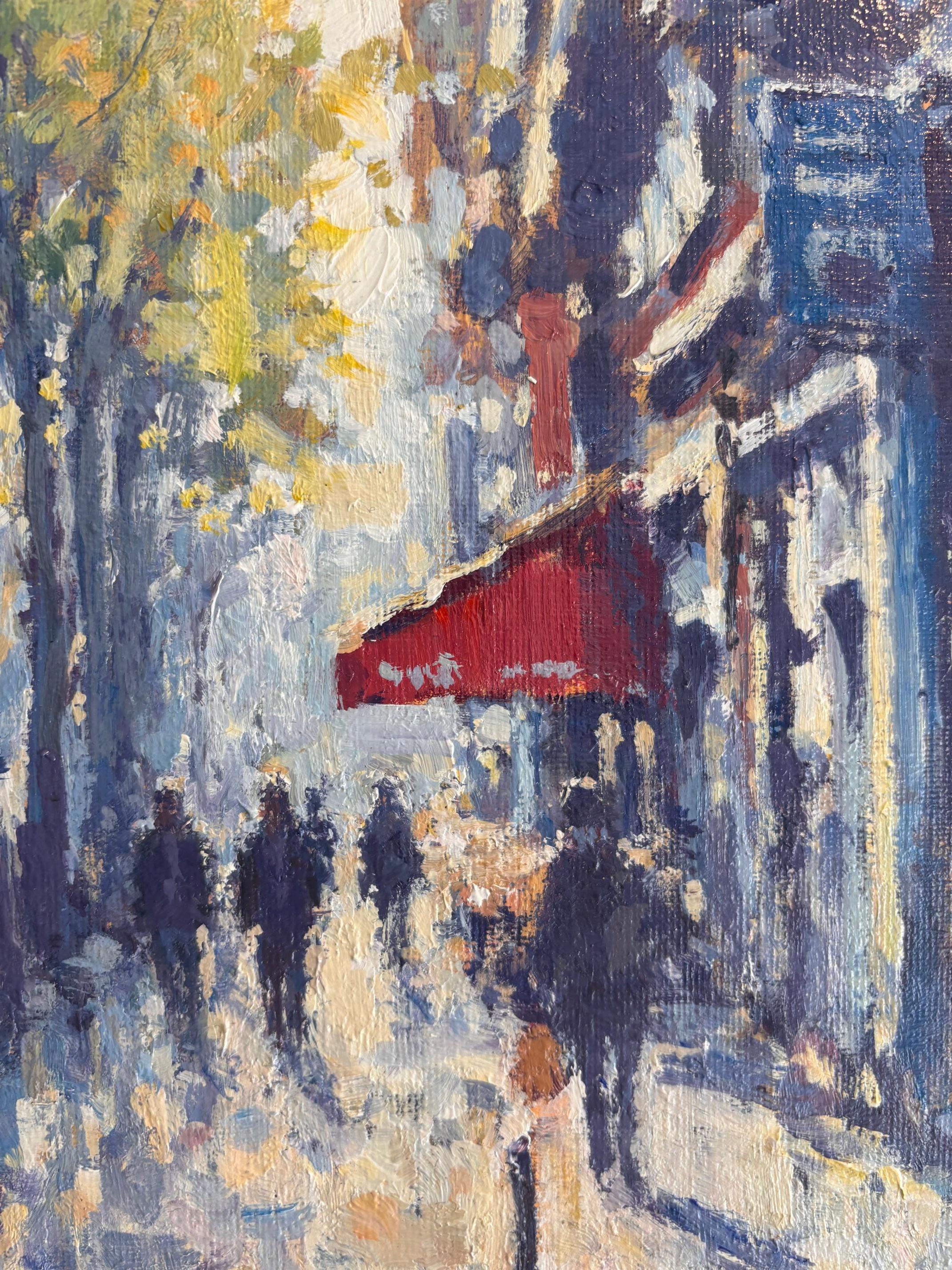 Après le marché, Paris - peinture impressionniste originale d'un paysage urbain - Gris Abstract Painting par David Farren