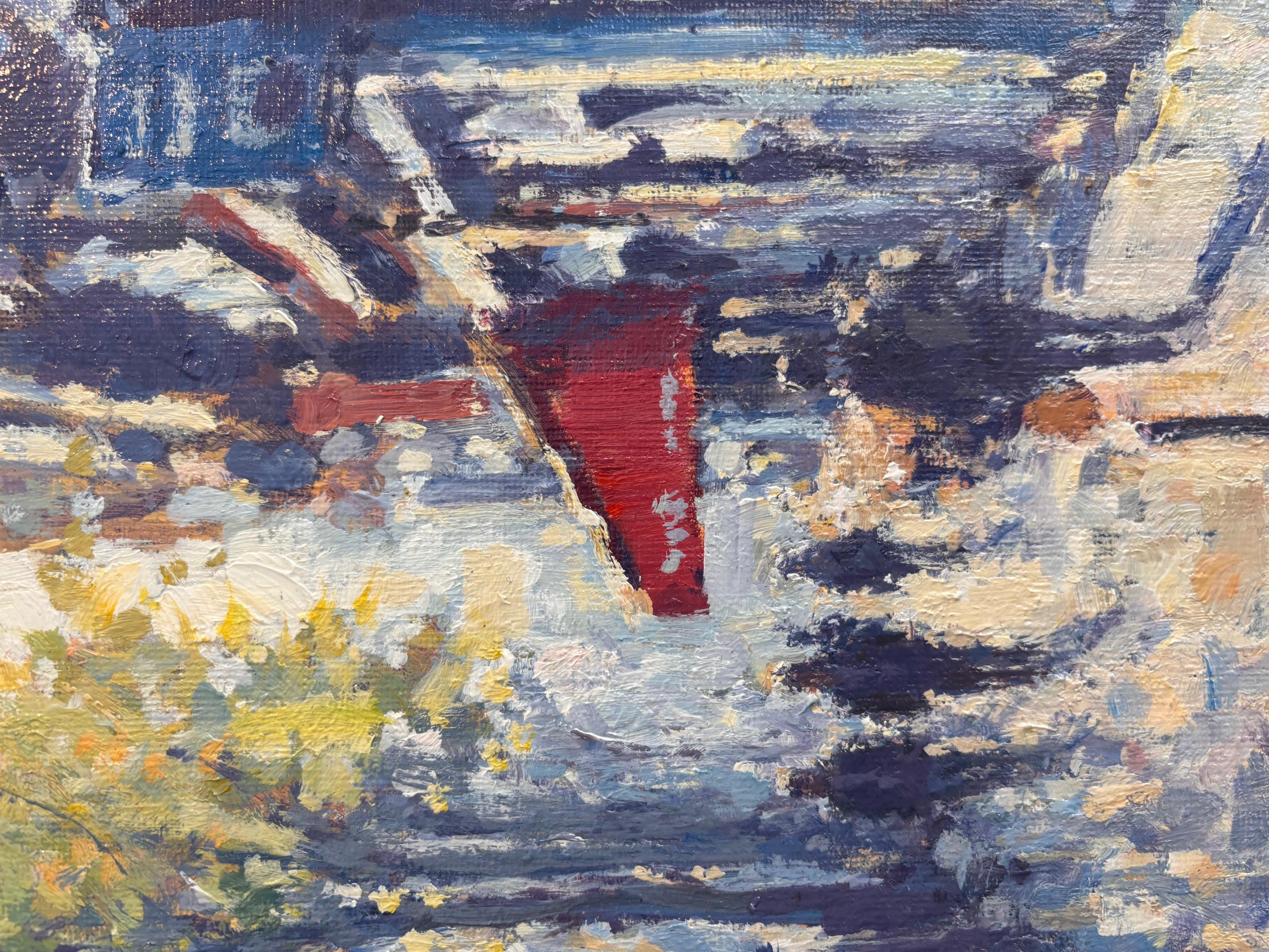After the Market, Paris - original impressionism London cityscape painting - Gray Abstract Painting by David Farren