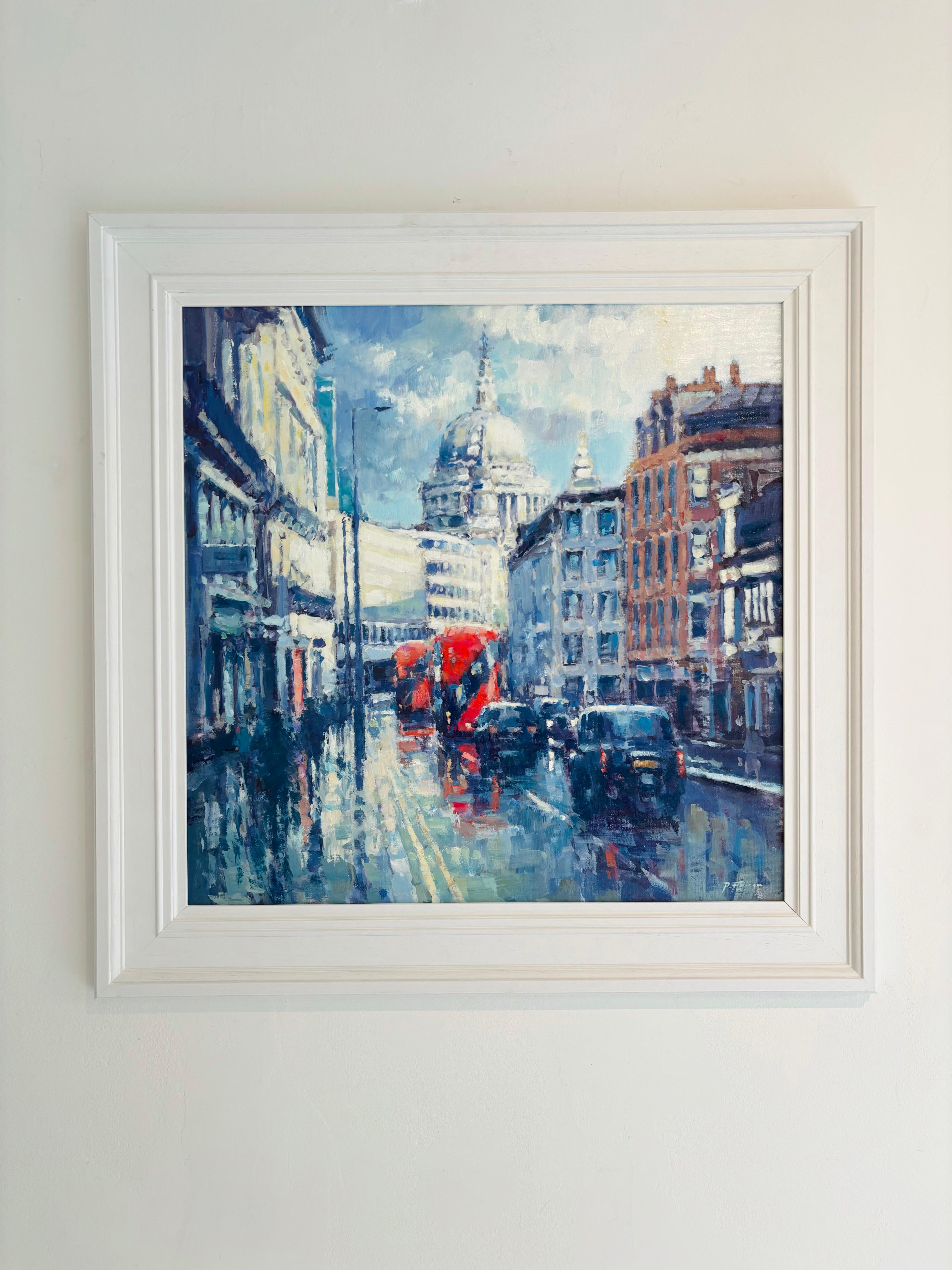 Afternoon, Fleet Street - pintura original impresionista de un paisaje urbano de Londres - Painting de David Farren