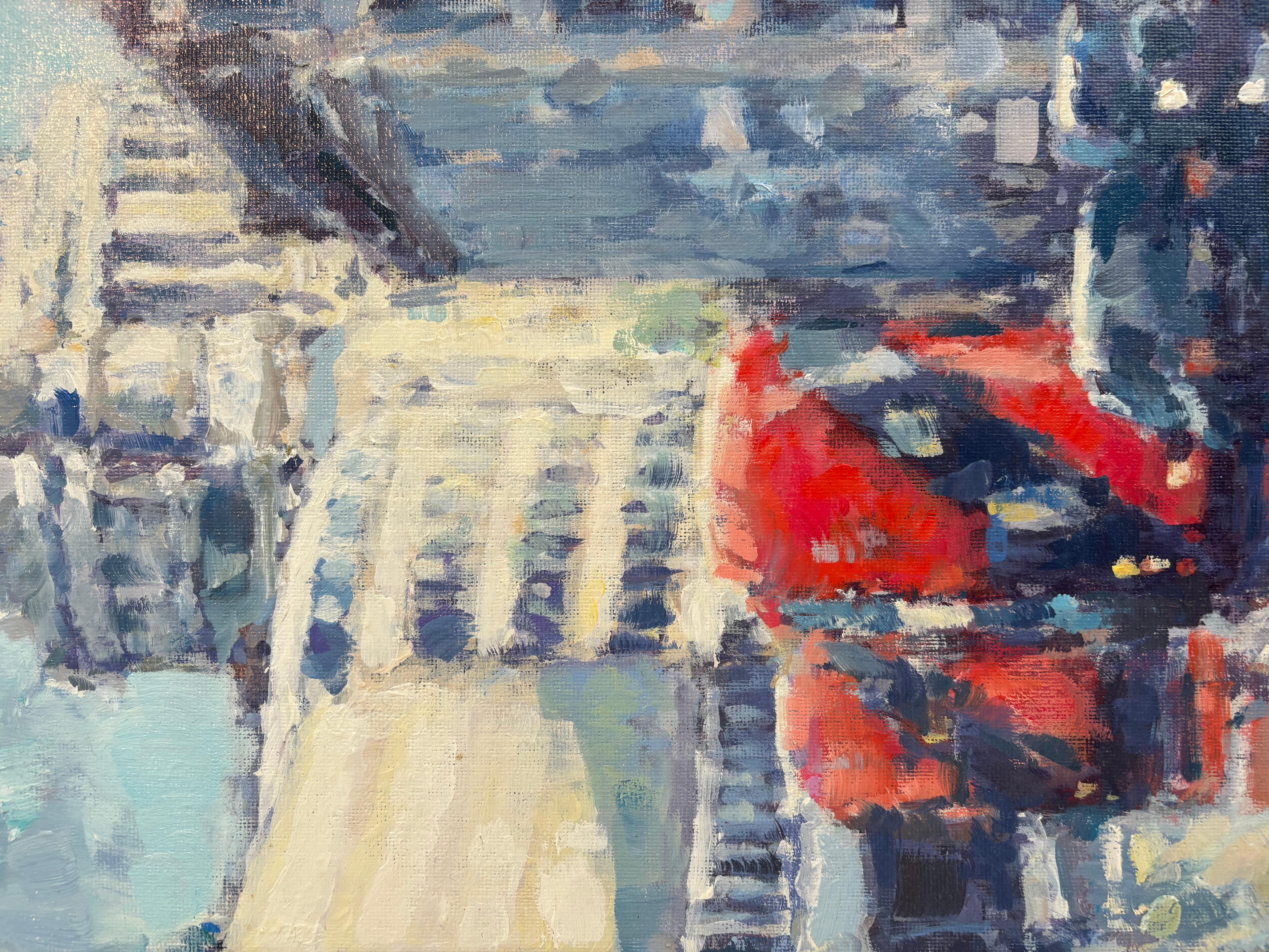 El artista contemporáneo David Farren imparte un estudio figurativo de un paisaje londinense en este original cuadro impresionista. Revelando una fascinación por las multitudes de la ciudad, esta pieza capta la impresión de una vista lluviosa y
