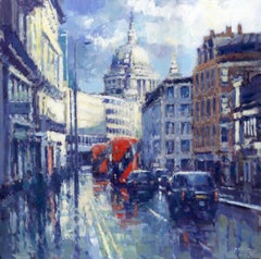 Afternoon, Fleet Street - pintura original impresionista de un paisaje urbano de Londres