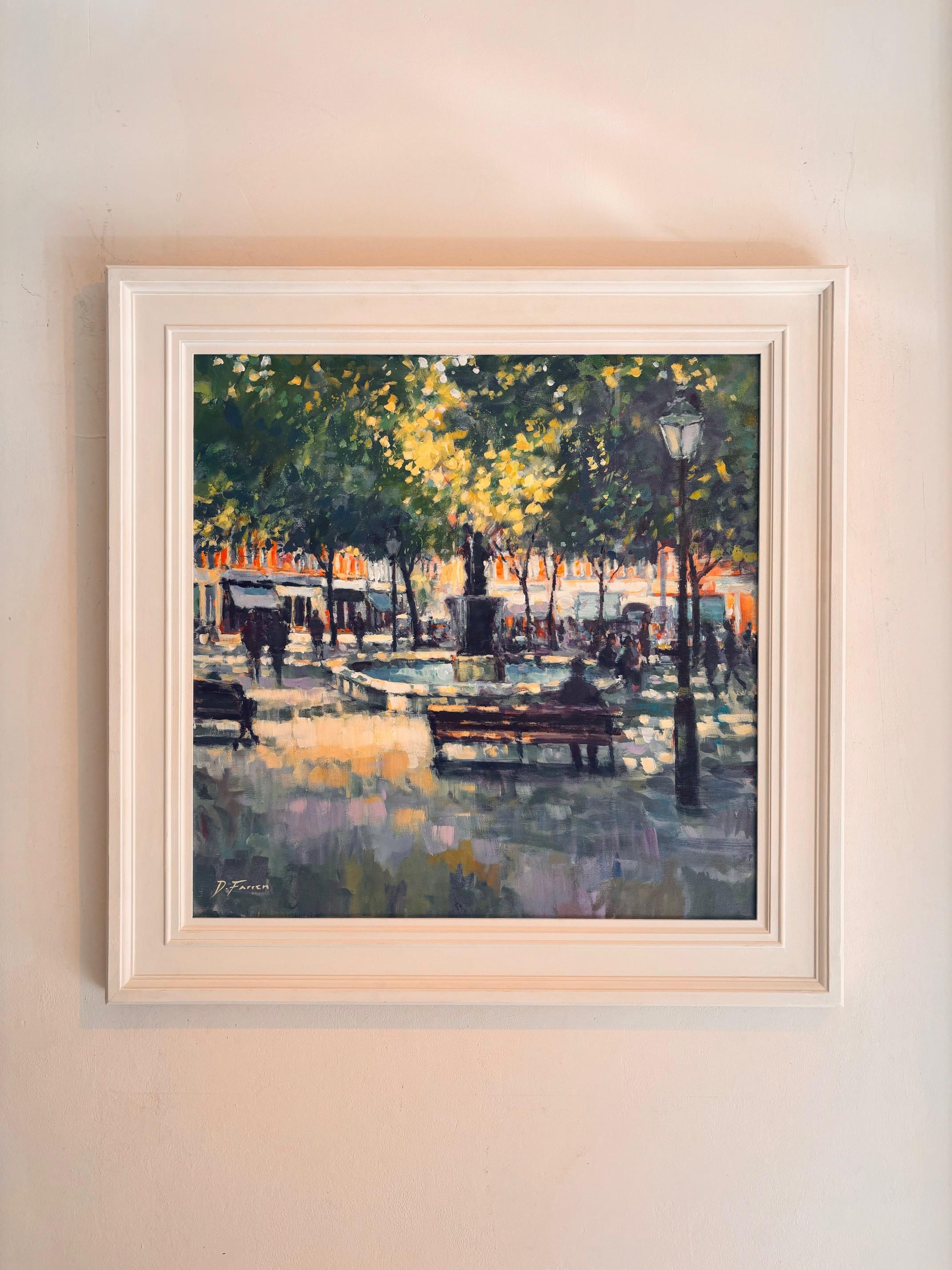 Afternoon Pause, Sloan Square- peinture impressionniste originale d'un paysage urbain de Londres - Painting de David Farren