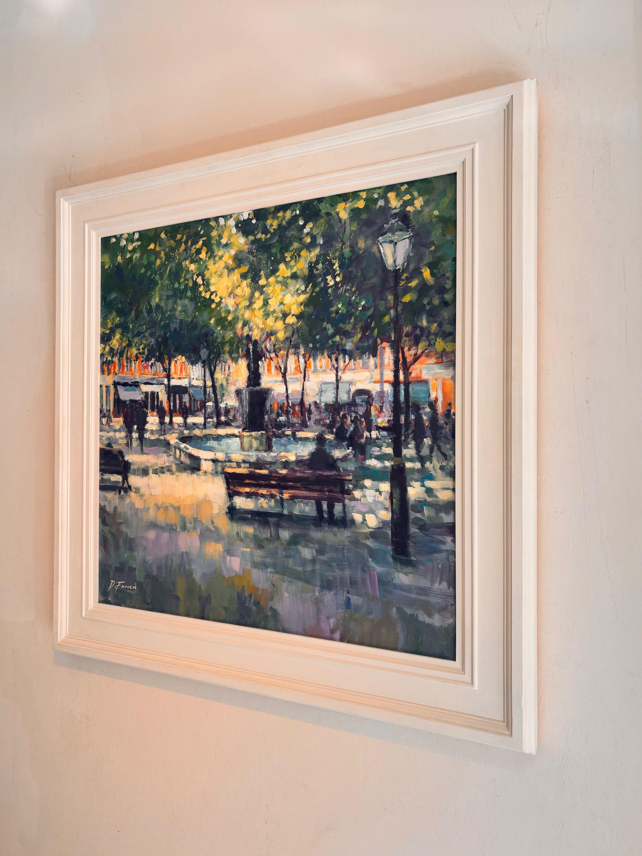 Afternoon Pause, Sloane Square- original impressionism London cityscape painting - Impressionist Painting by David Farren