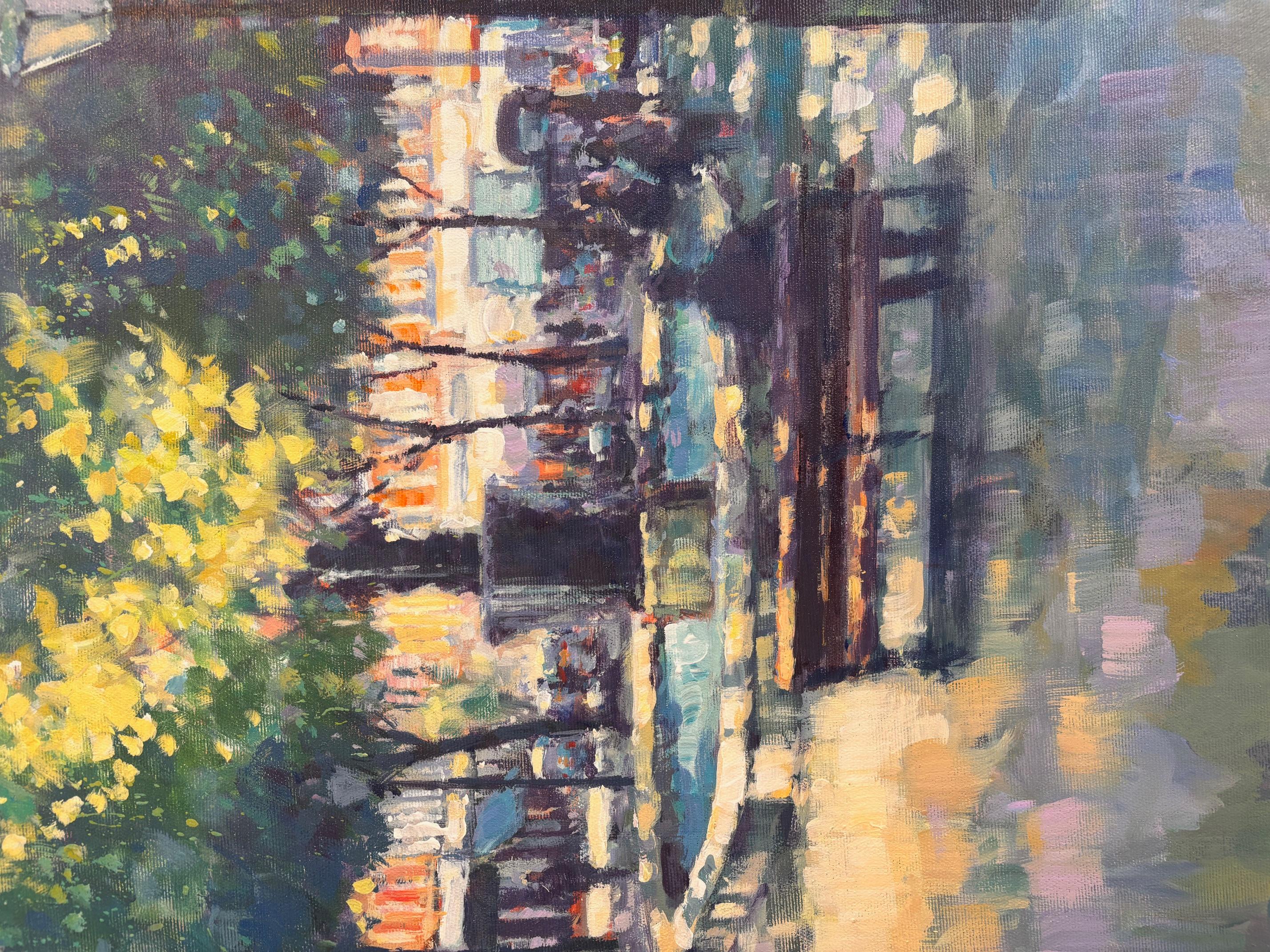 Afternoon Pause, Sloane Square- original impressionism London cityscape painting - Gray Landscape Painting by David Farren