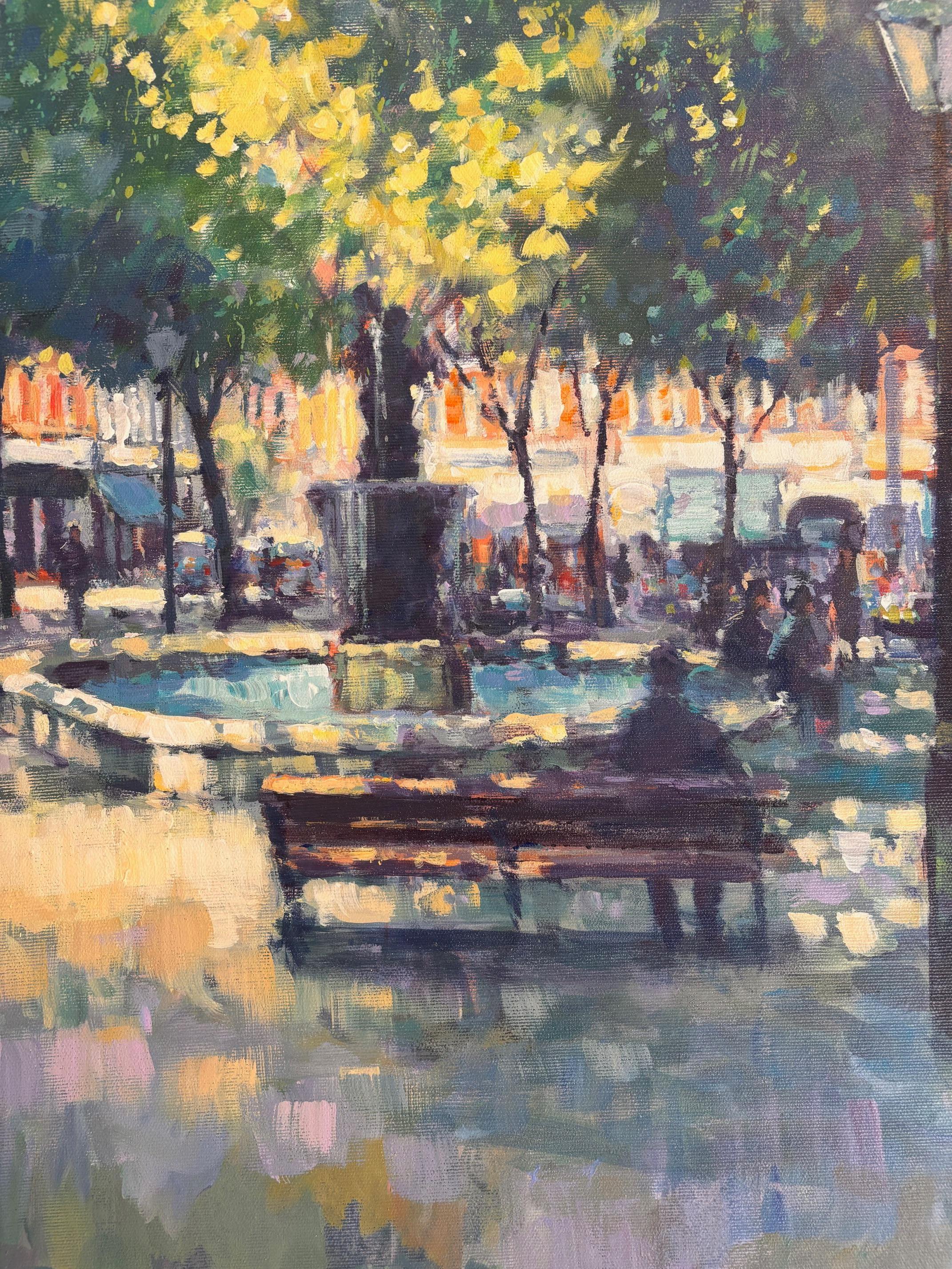 Afternoon Pause, Sloane Square- original impressionism London cityscape painting - Gray Landscape Painting by David Farren