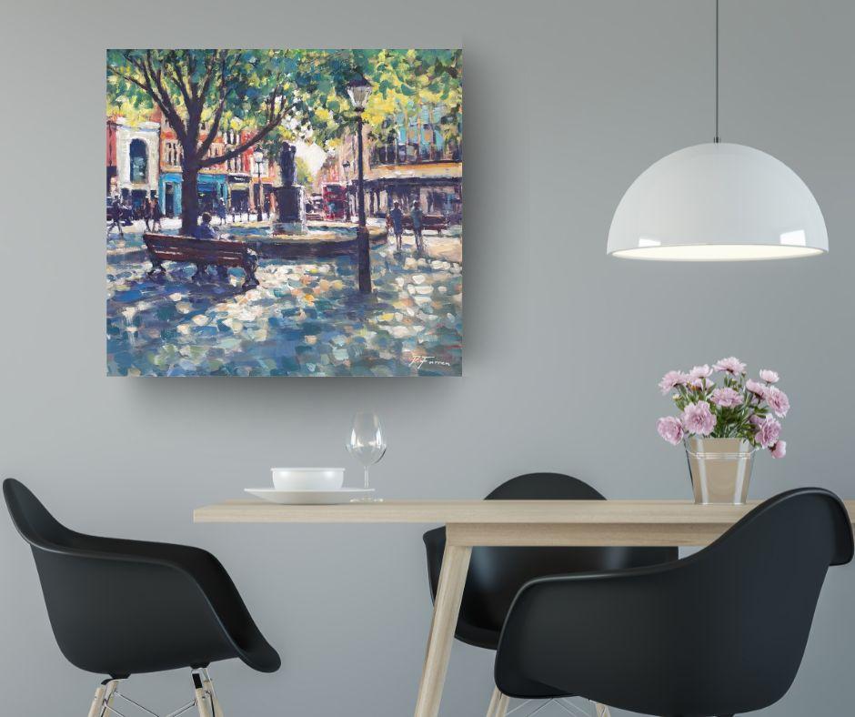 Afternoon Shade, Sloane Square- original impressionism London cityscape painting - Painting by David Farren