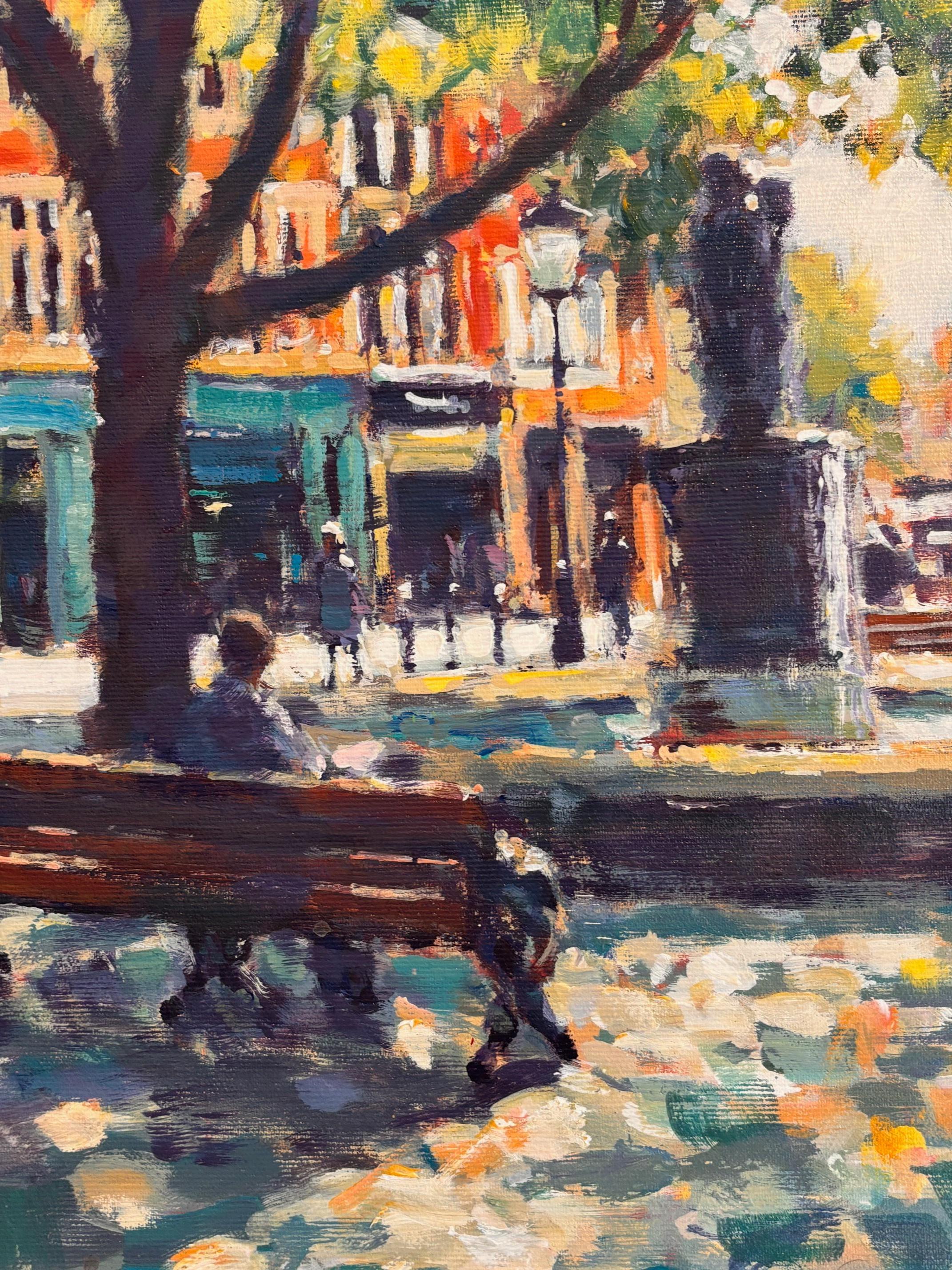 Afternoon Shade, Sloane Square- original impressionistisches Gemälde einer Londoner Stadtlandschaft (Grau), Abstract Painting, von David Farren