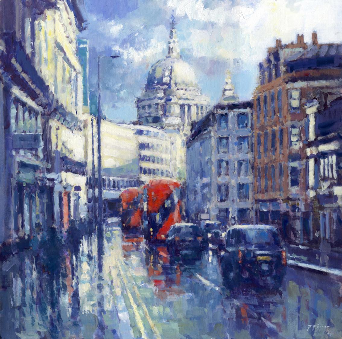 Après-midi Shower, Fleet Street - impressionnisme original - peinture de paysage urbain londonien