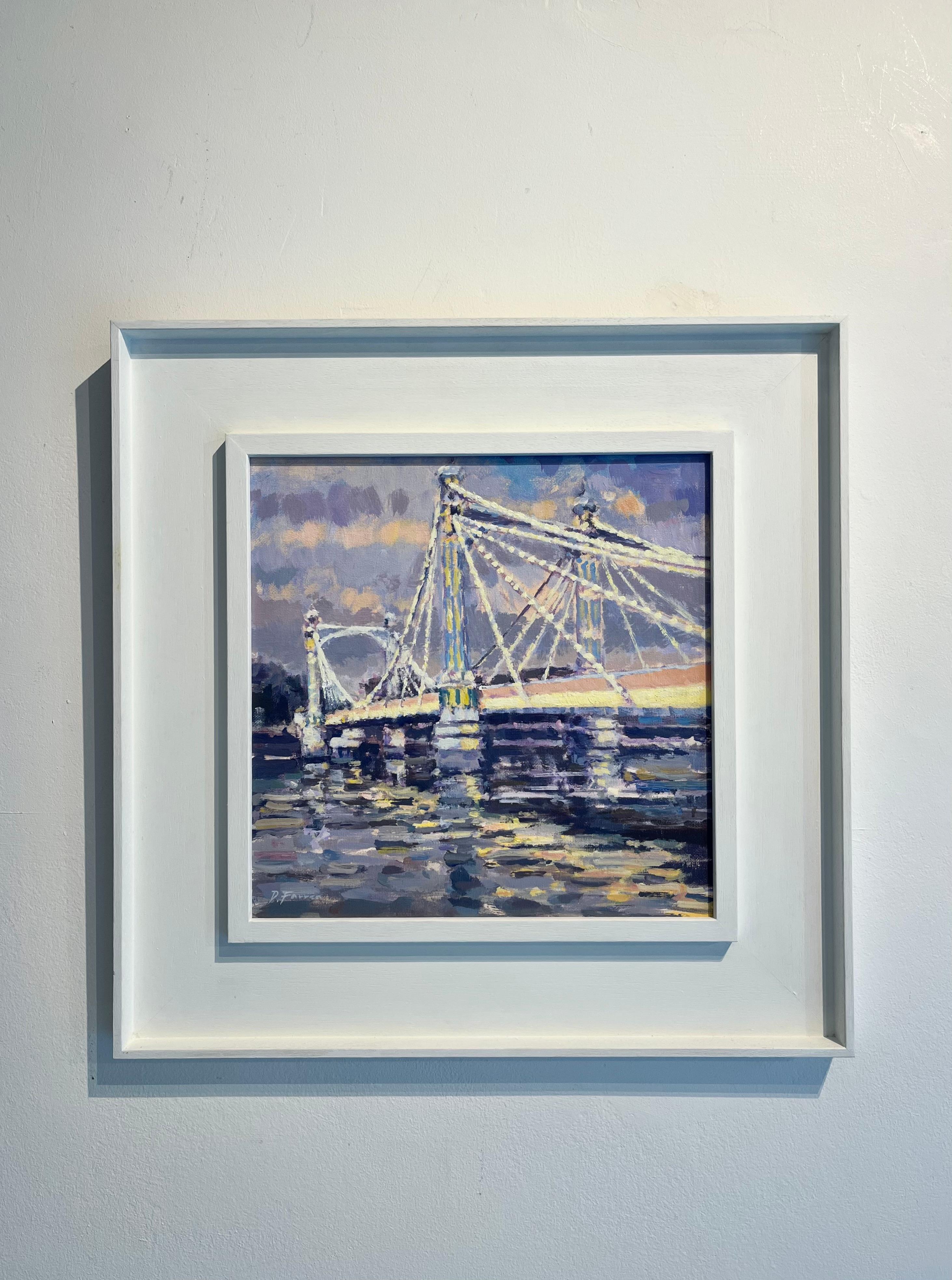Albert bridge at Dusk-original impressionism cityscape painting-contemporary Art - Painting by David Farren