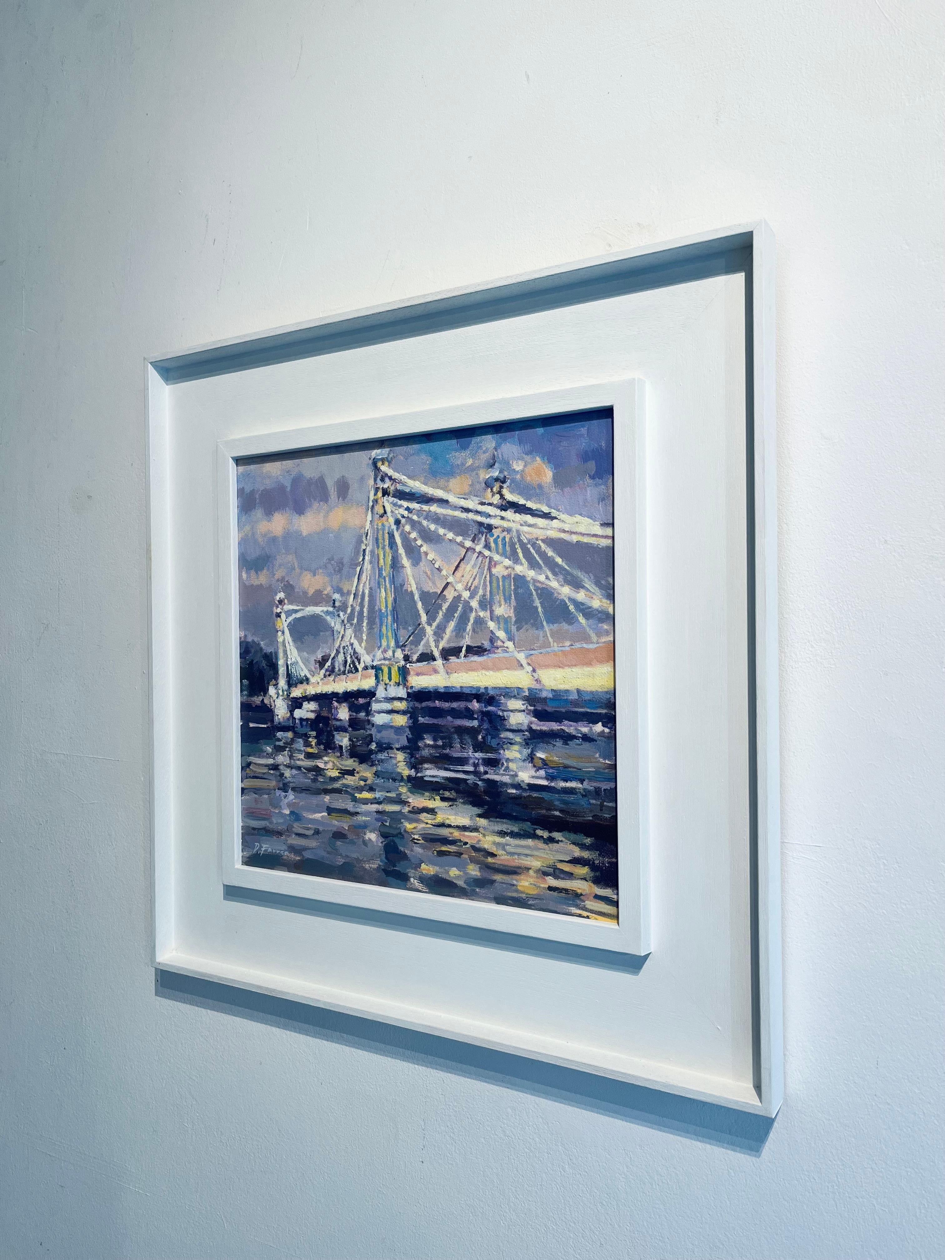 Albert bridge at Dusk-original impressionism cityscape painting-contemporary Art - Impressionist Painting by David Farren