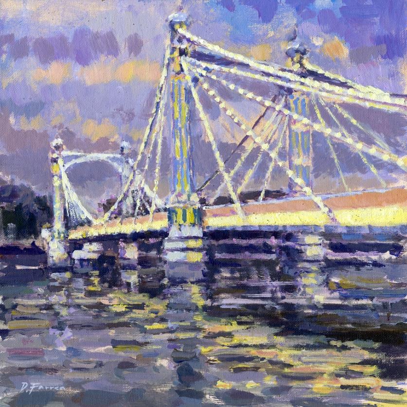 David Farren Figurative Painting - Albert bridge at Dusk-original impressionism cityscape painting-contemporary Art