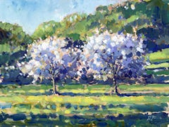 Apple Trees in Bloom - original countryside landscape artwork modern rural flora