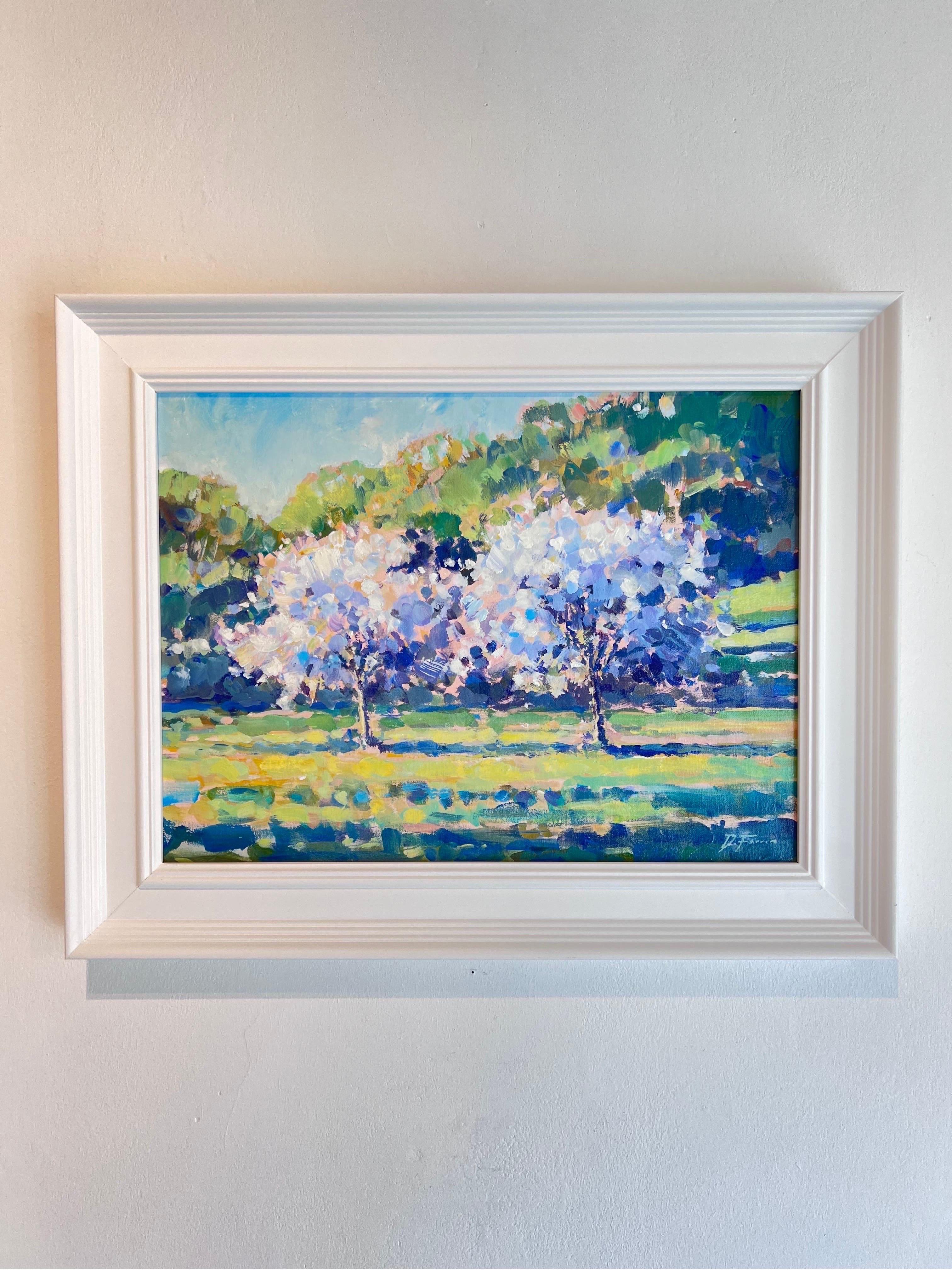 Apple Trees in Bloom-original impressionism  landscape painting-contemporary Art - Painting by David Farren