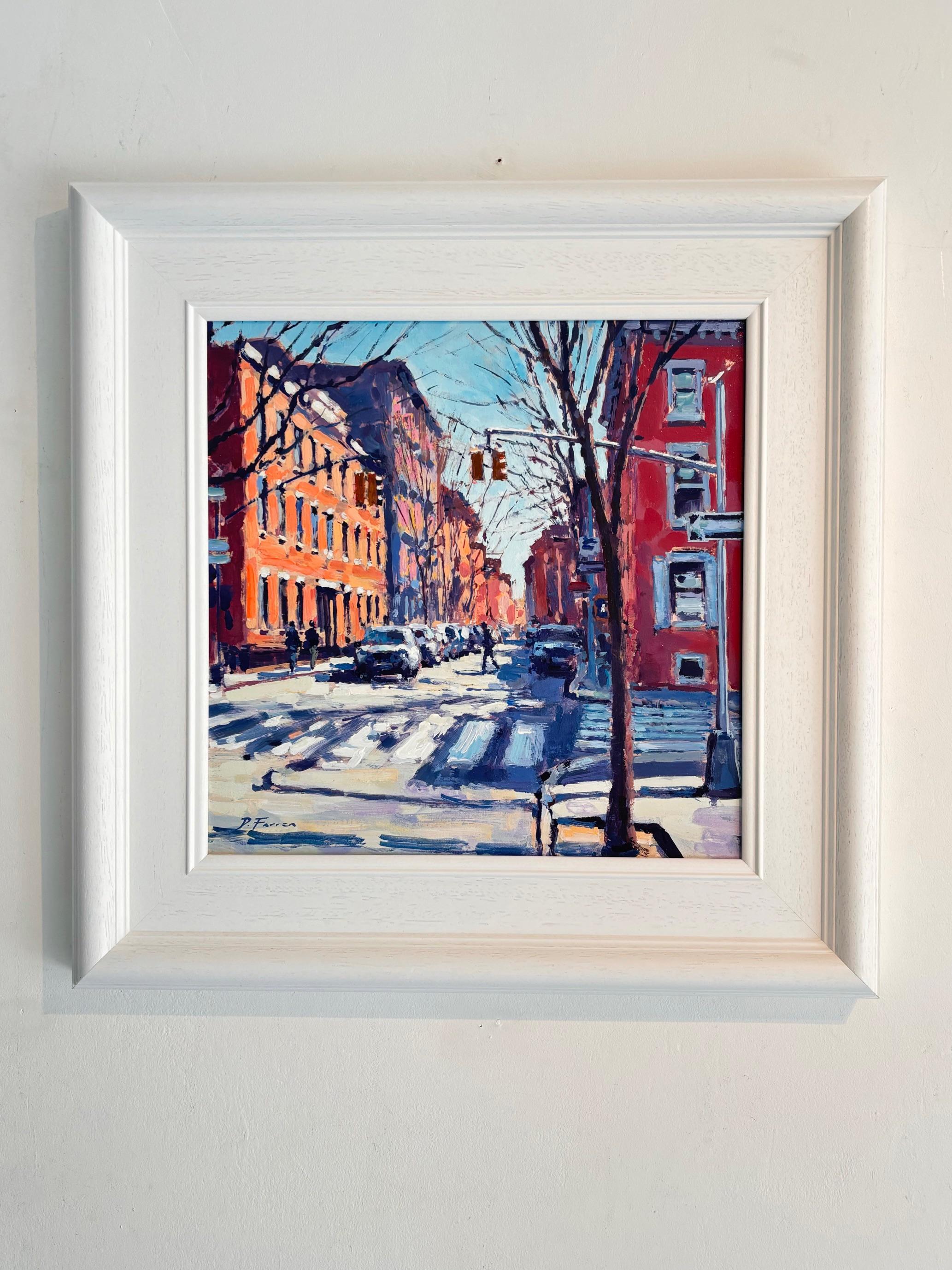 Crossing, Greenwich Village - original impressionism London cityscape painting - Painting de David Farren