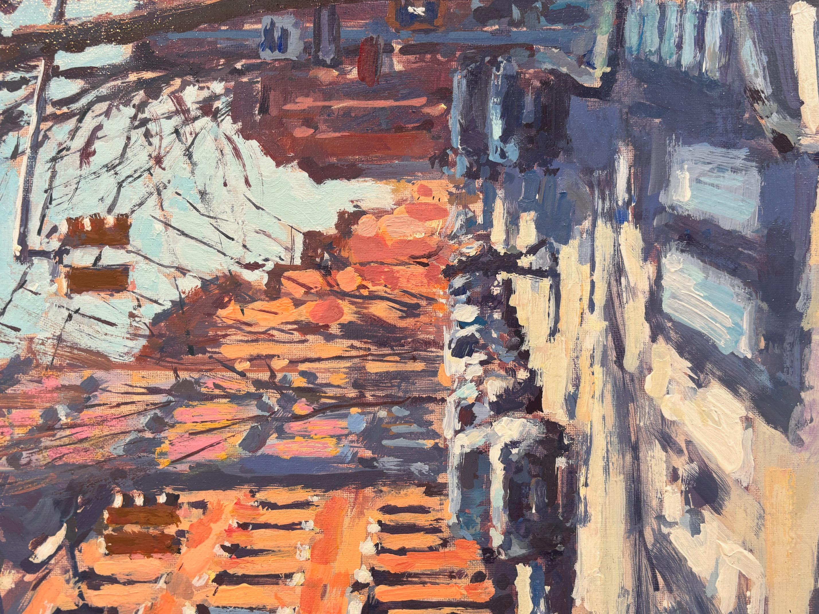 Crossing, Greenwich Village - original impressionism London cityscape painting - Gris Landscape Painting par David Farren