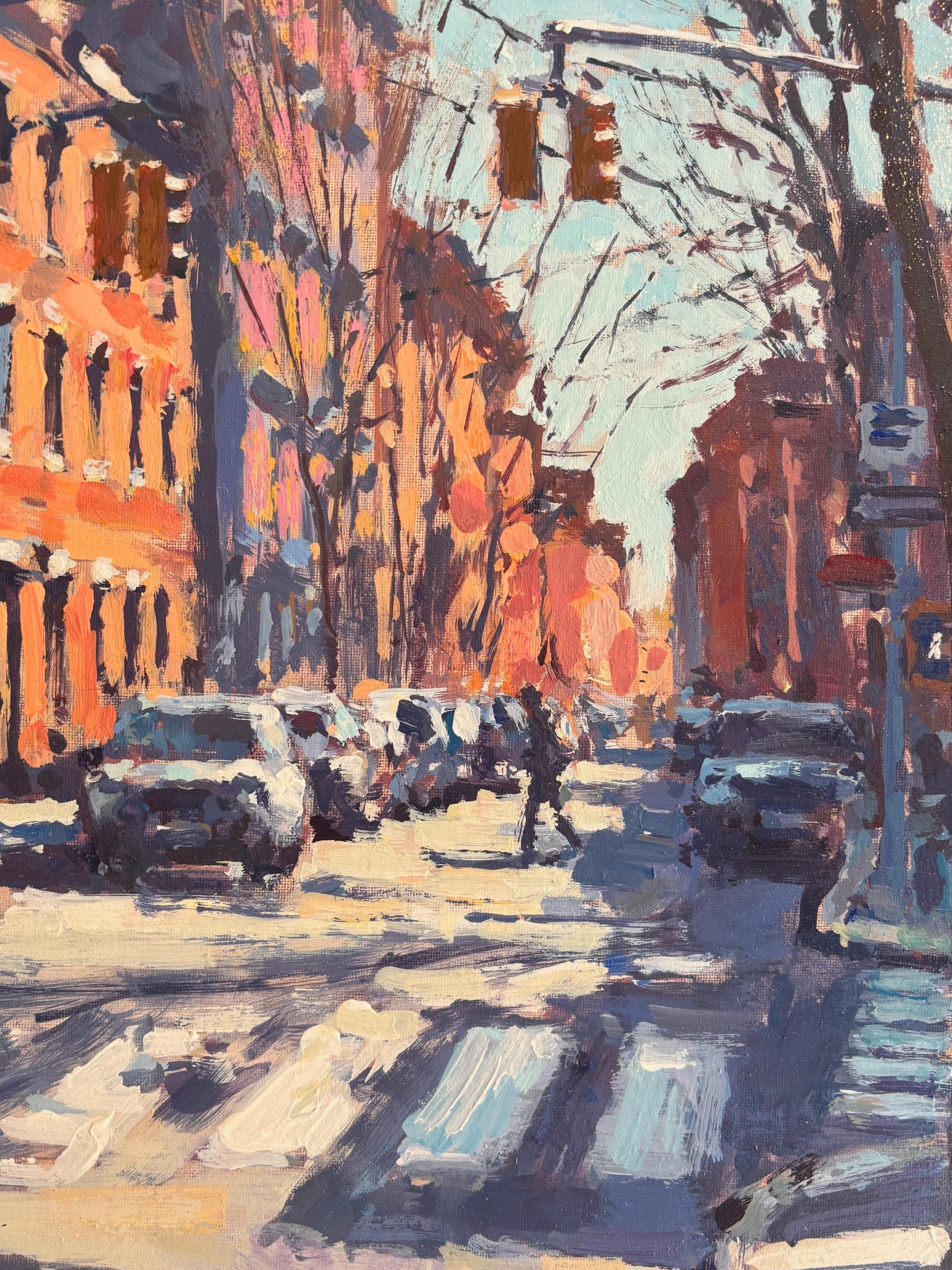 Crossing, Greenwich Village - original impressionism London cityscape painting - Gray Landscape Painting by David Farren