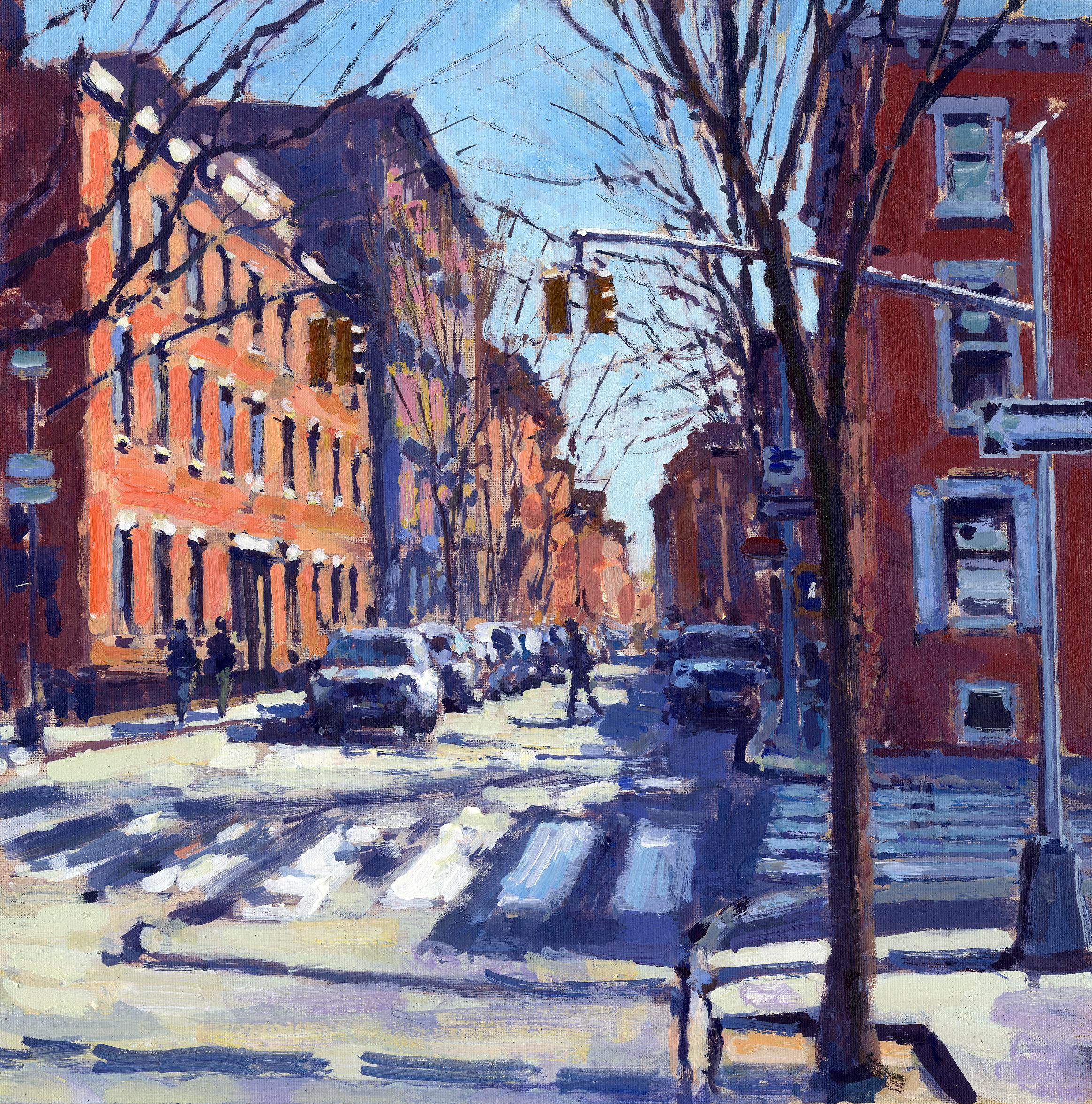 Landscape Painting David Farren - Crossing, Greenwich Village - original impressionism London cityscape painting