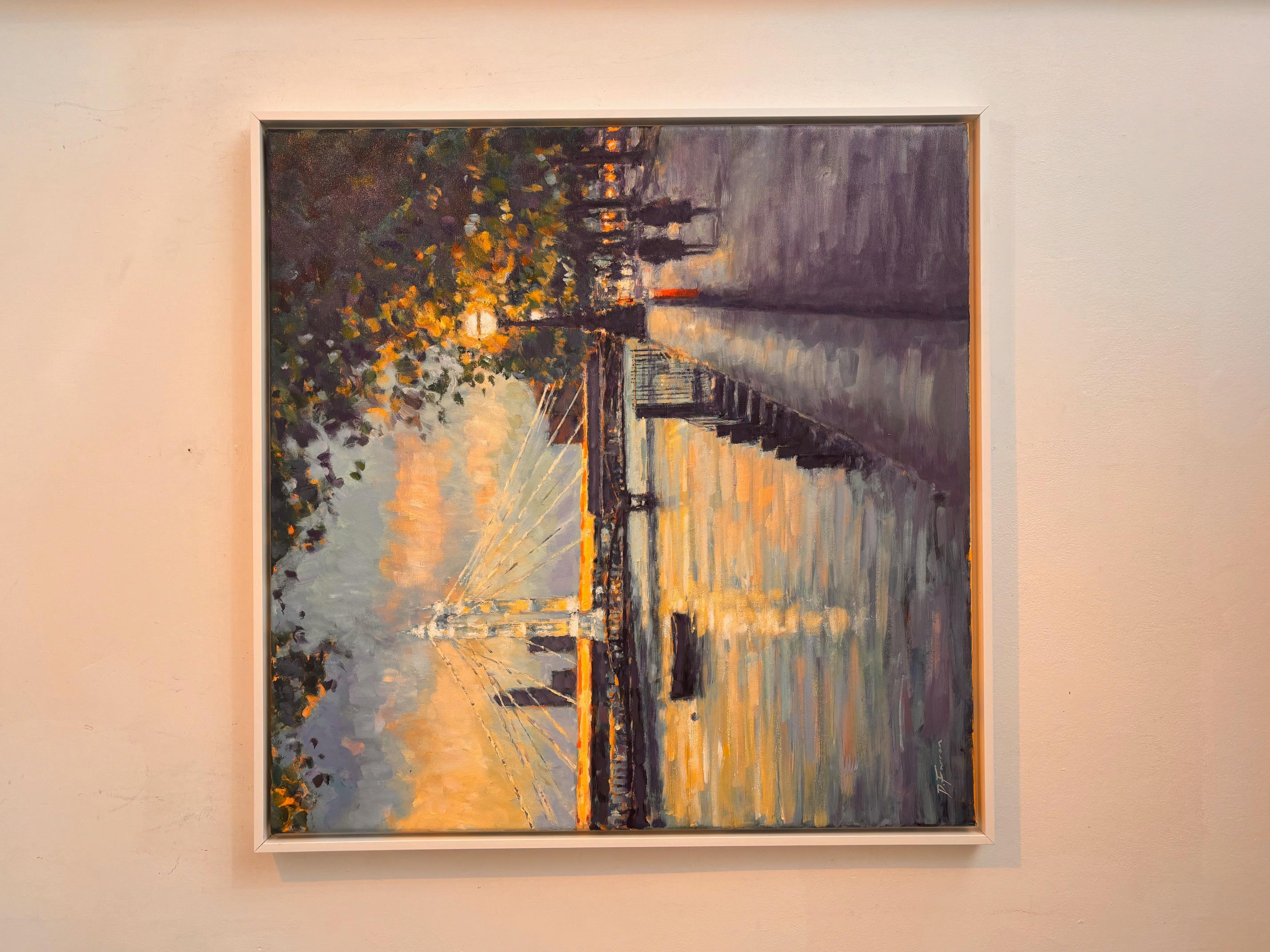 Passeggiata al crepuscolo verso l'Albert Bridge - dipinto originale impressionista del paesaggio urbano di Londra - Painting di David Farren