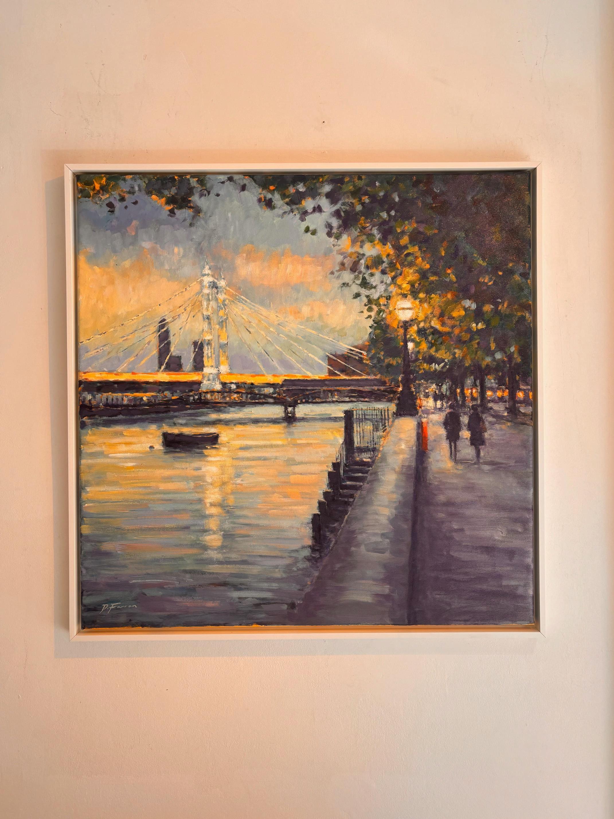 Spaziergang in der Abenddämmerung in Richtung Albert Bridge-originale Impressionismus London Stadtbild Malerei – Painting von David Farren