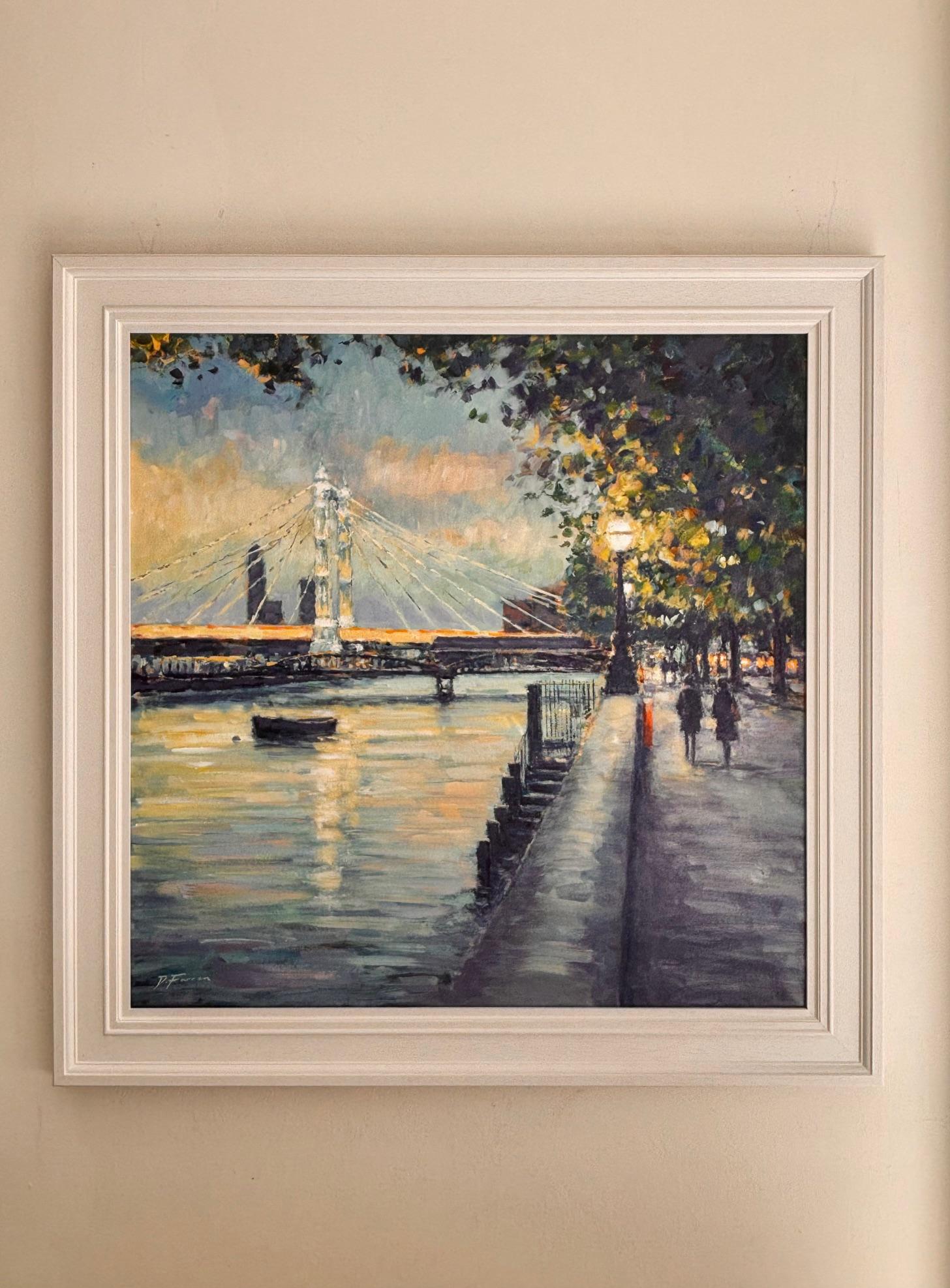 Dusk Walk Towards Albert Bridge-original impressionism London cityscape painting - Painting de David Farren
