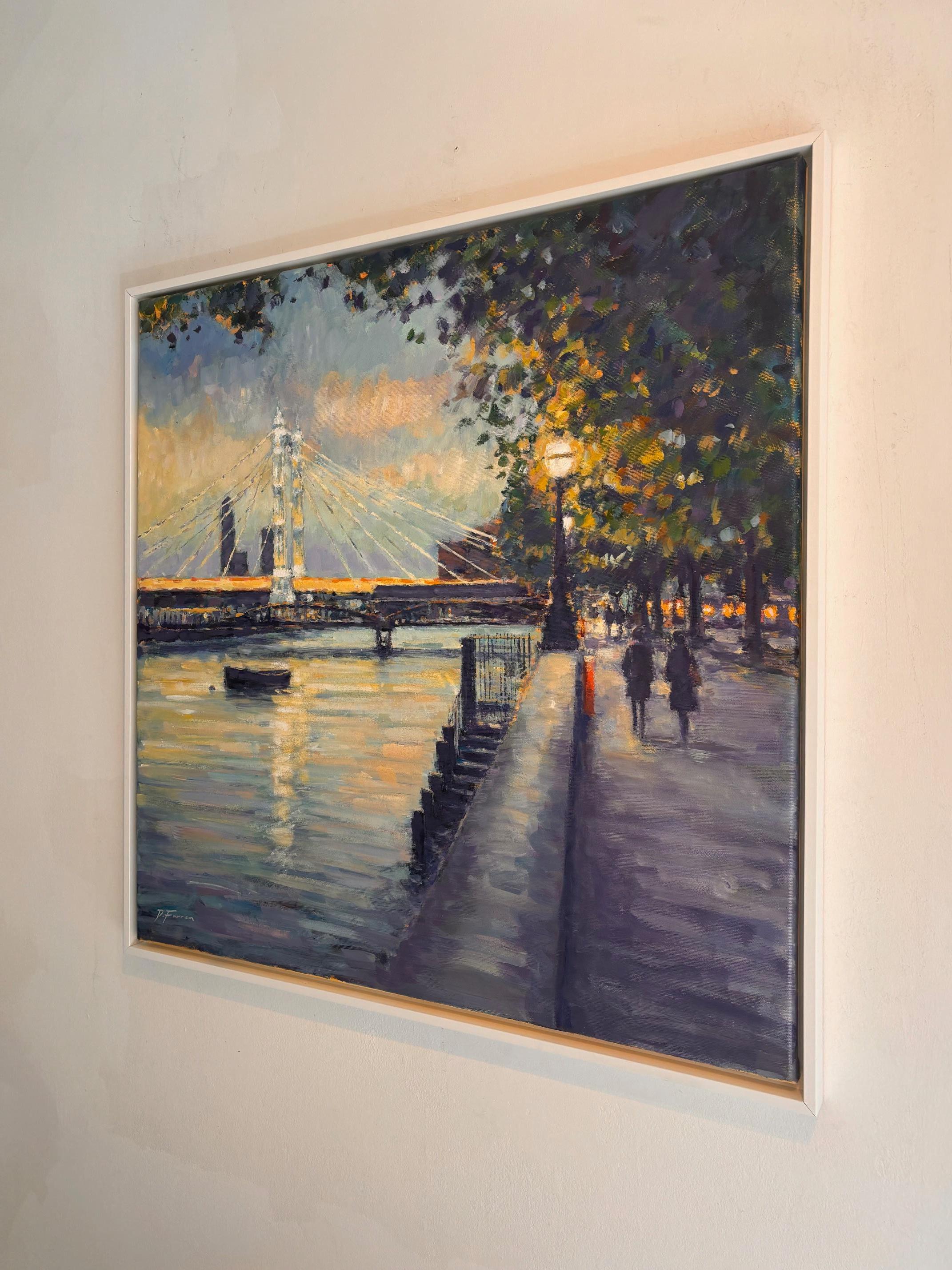Spaziergang in der Abenddämmerung in Richtung Albert Bridge-originale Impressionismus London Stadtbild Malerei (Grau), Landscape Painting, von David Farren