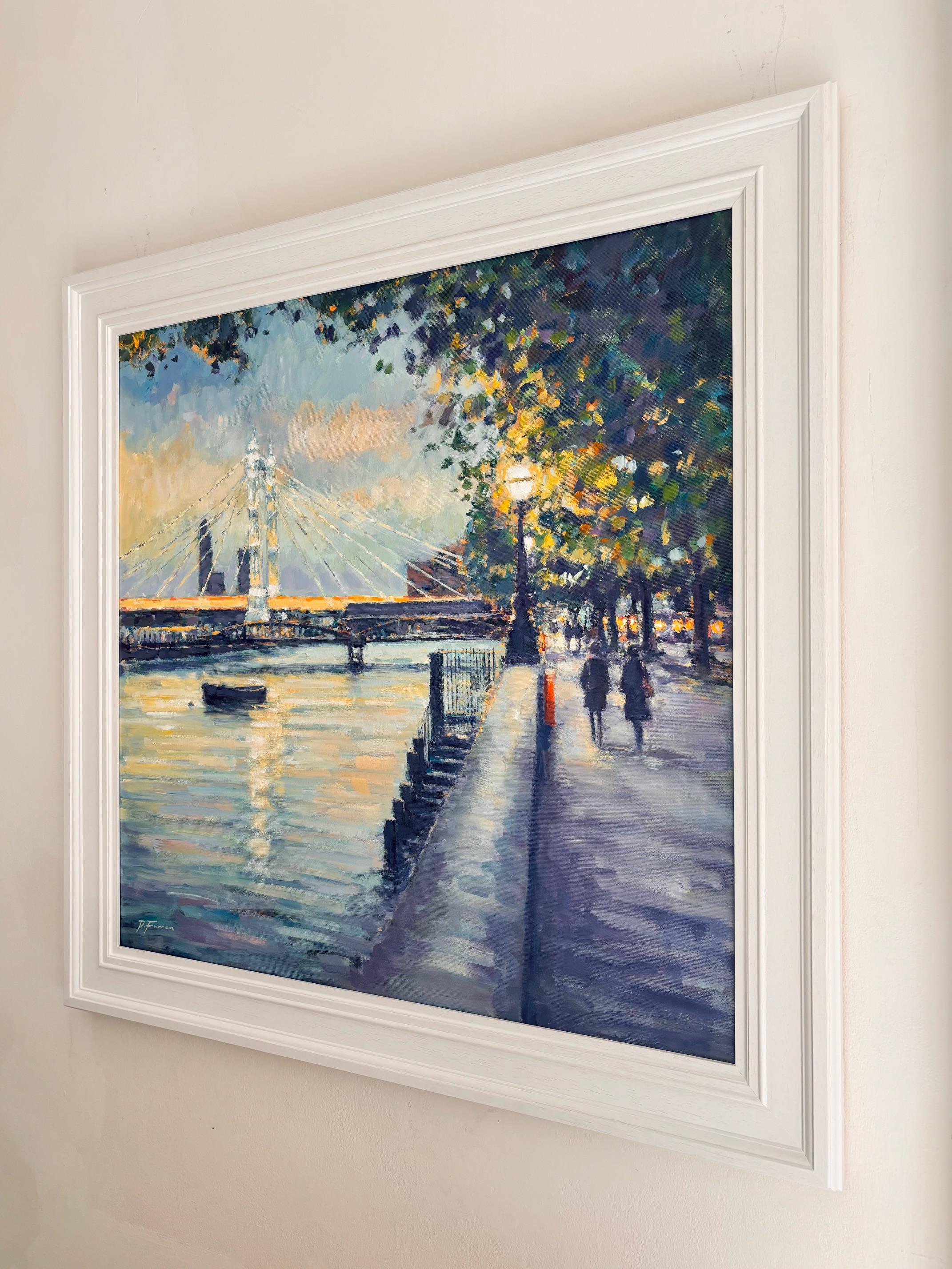 Dusk Walk Towards Albert Bridge-original impressionism London cityscape painting - Impressionnisme Painting par David Farren
