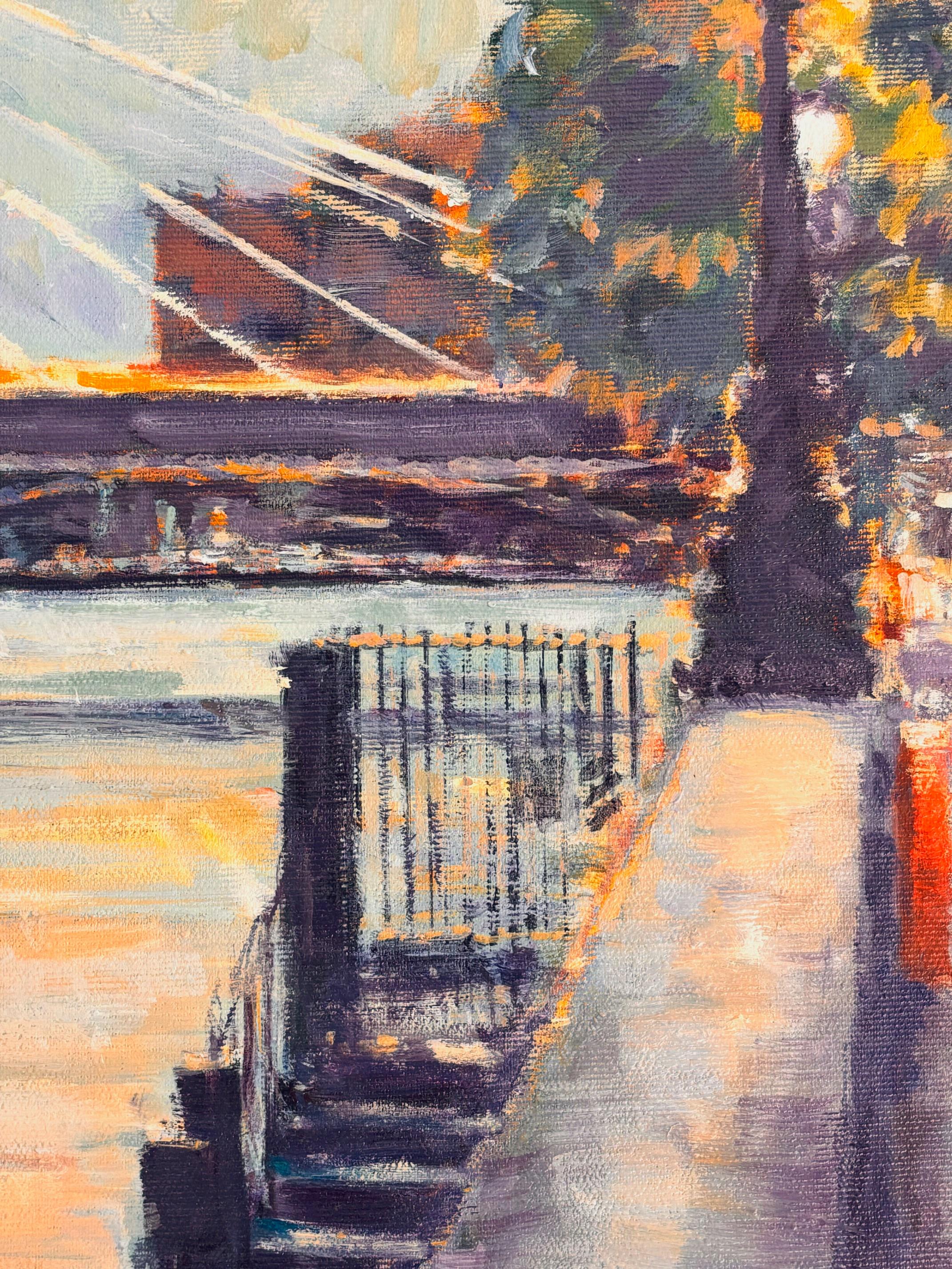 Dusk Walk Towards Albert Bridge-original impressionism London cityscape painting - Gris Abstract Painting par David Farren