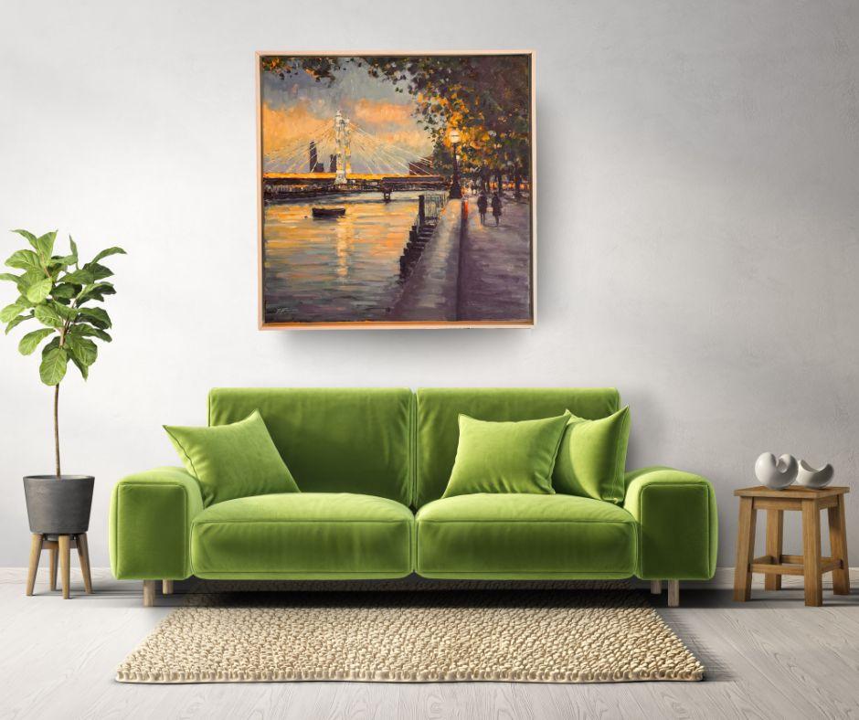 Spaziergang in der Abenddämmerung in Richtung Albert Bridge-originale Impressionismus London Stadtbild Malerei im Angebot 1
